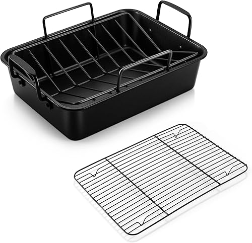 P&P CHEF - Asador de pavo de 14 pulgadas con juego de estante, bandeja para hornear en forma de V y estante de enfriamiento para galletas de lasaña