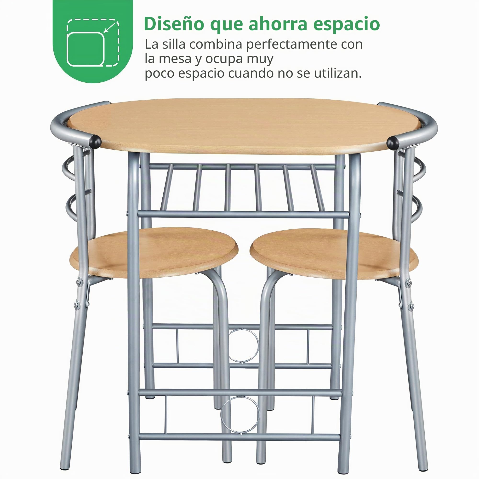 Yaheetech Grupo de Comedor de 3 Piezas, Mesa de Comedor con 2 sillas, Grupo de Asientos para Cocina, Mesa de Madera para balcón, salón, terraza y Bar, Ahorra Espacio, compacta (Color Madera Natural). | Mesa de cocina con estante, estructura de acero para