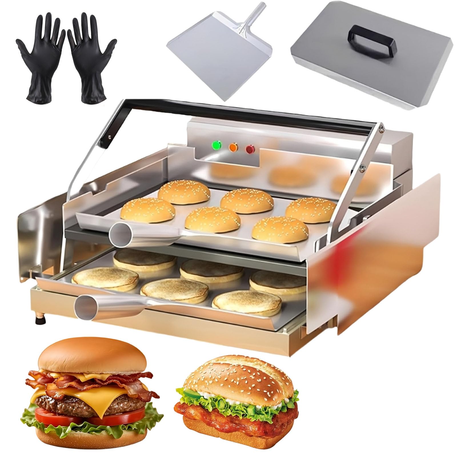 Machine à hamburger double couche en acier inoxydable, grille-pain automatique 800 W, température réglable de 50 à 300 °C et minuterie de 0 à 3 minutes pour restaurant commercial à domicile