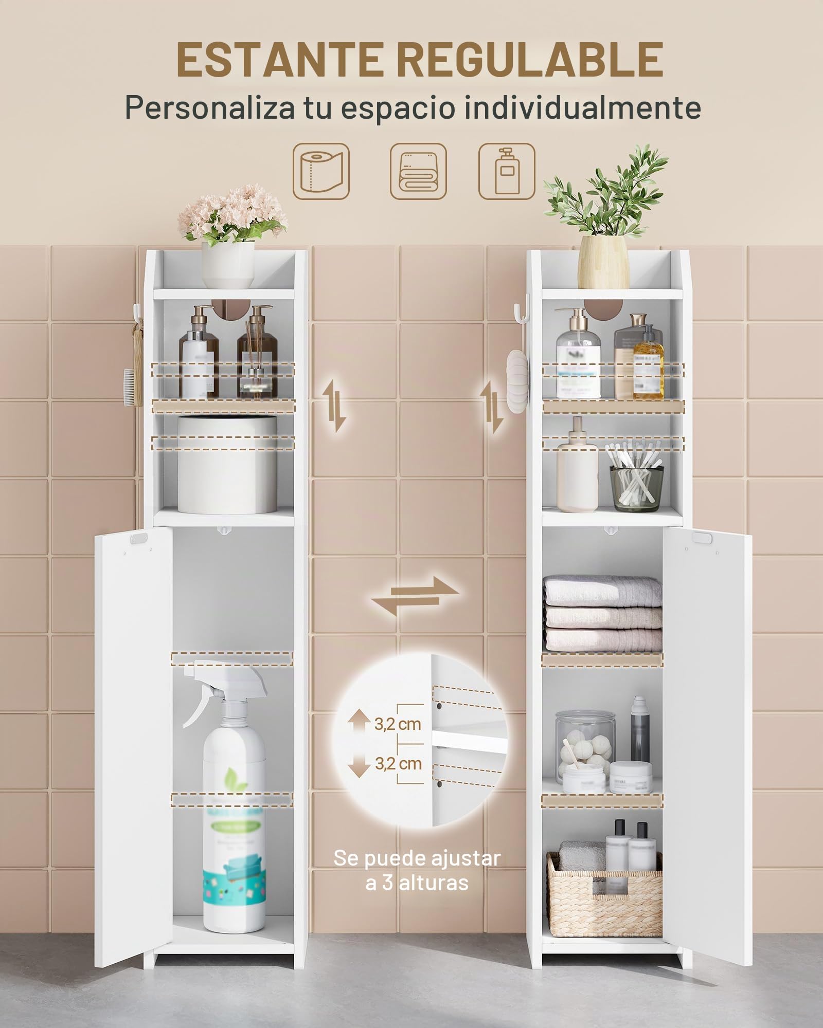 Hzuaneri Mueble de Baño, Armarios Baño Estrecho con Gancho, Estantes Ajustables, Espacio de Almacenamiento Abierto, para Espacios Reducidos, Salones y Rincones, 20 x 20 x 90 cm, Blanco BC22903X