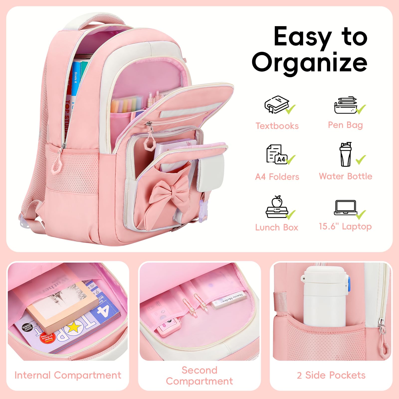 Amythe Zaino Scuola Elementare Bambina 3 Pezzi, Set Zaini Bambina Set 6-11 anni con Sacchetto per Pranzo e Astuccio per Matite, Zainetto Ragazza per Scuola, Rosa
