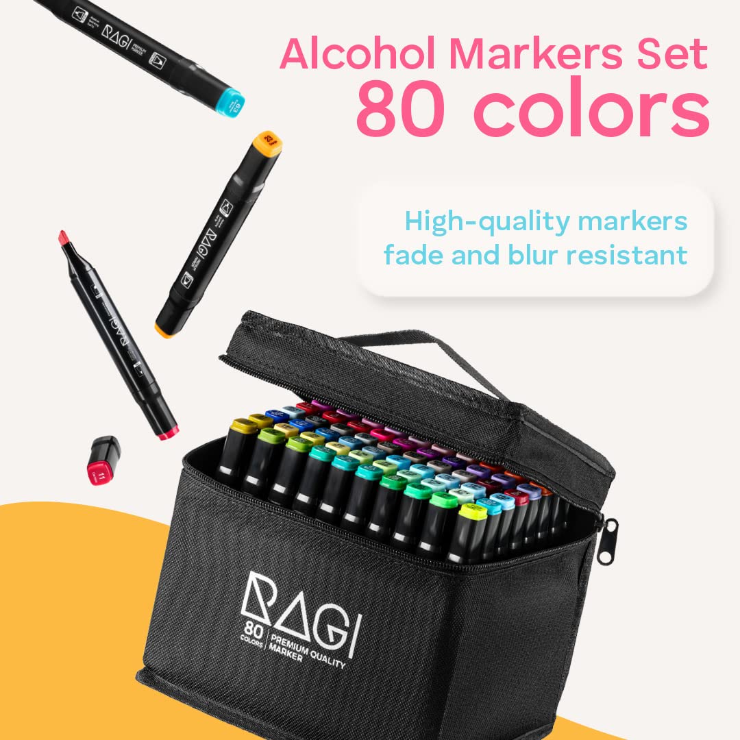 RAGI Lot de 80 marqueurs à alcool - Couleurs intenses - Marqueurs double face pour peindre des illustrations, séchage rapide, imperméables et sûrs - Set avec base dans une pochette noire
