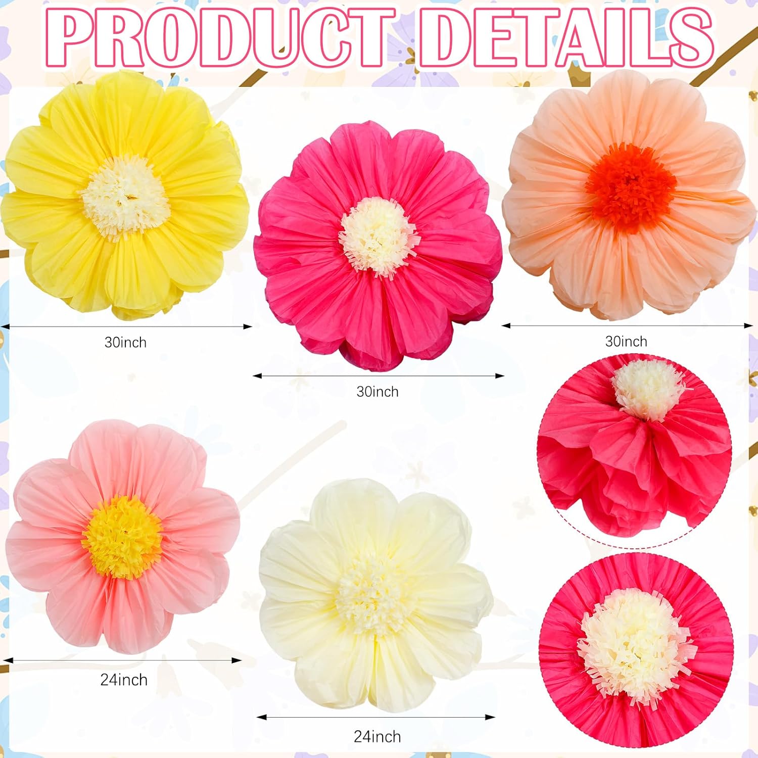 Chunful 5 Pcs 30'' 24'' Gaint Colorful Tissue Paper Flowers Decoration Large Hanging Tissue Paper Pom Poms Decor for Mexican Birthday Bachelorette Wedding Baby Shower Bridal Shower Party Decoration