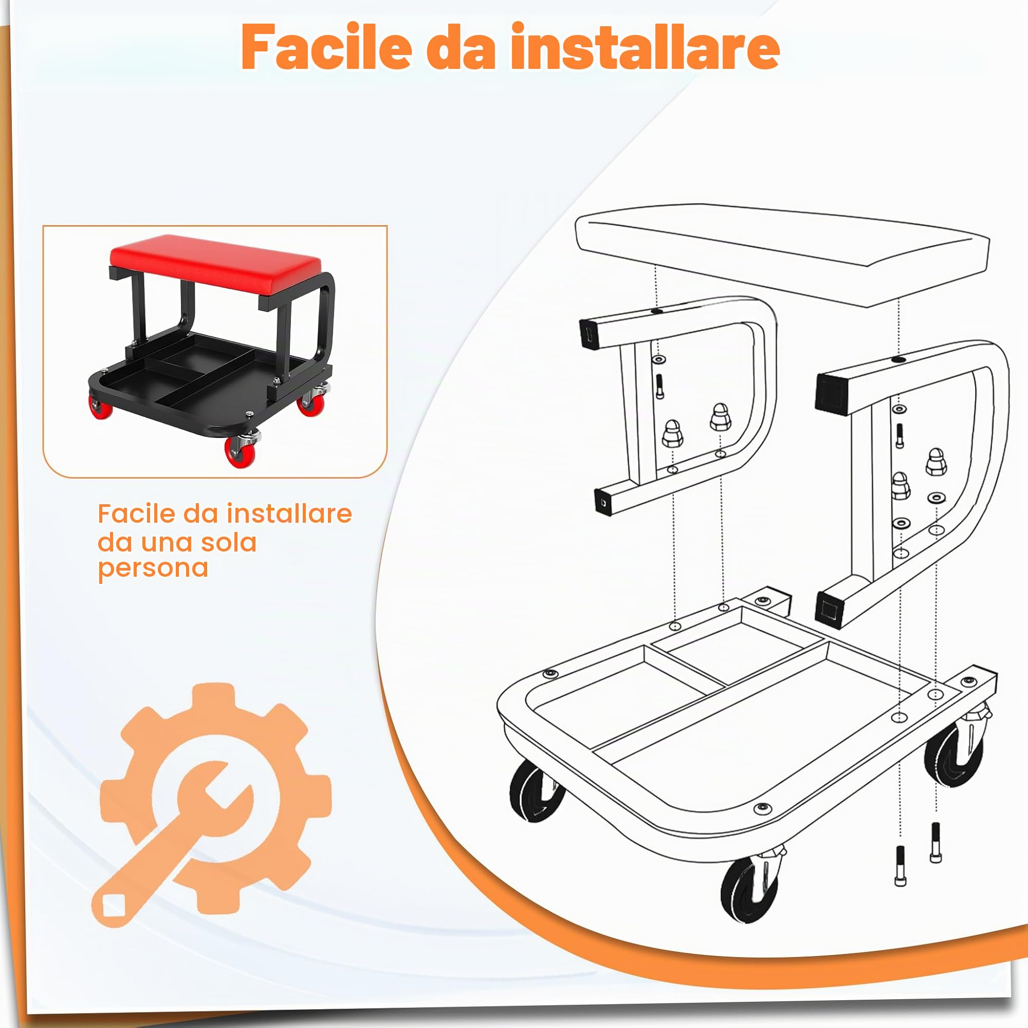 UISEBRT Sgabello da officina mobile con ripiano e ruote, per garage, da lavoro, portata 150 kg, per officina, cura dei veicoli, manutenzione della macchina e fai da te (rettangolare)