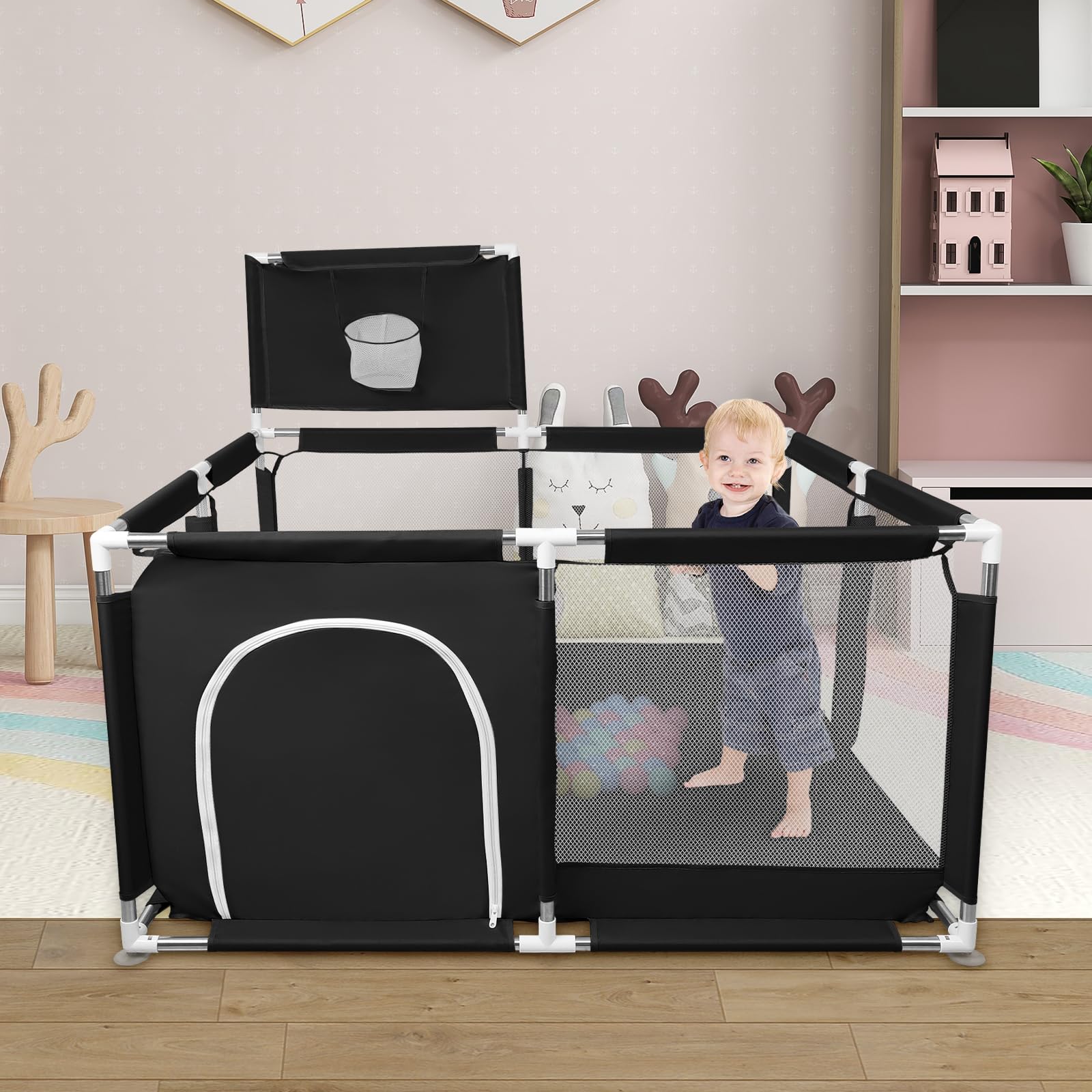 Parc Bébé,Modulable 126x126cm,50 Balles,Pliable pour Enfants 0-24 Mois,Aire de Jeu Sécurisée Maison, Tapis Anti-Dérapant Intérieur,Centre d'Activités pour Enfants,Basketball Rack