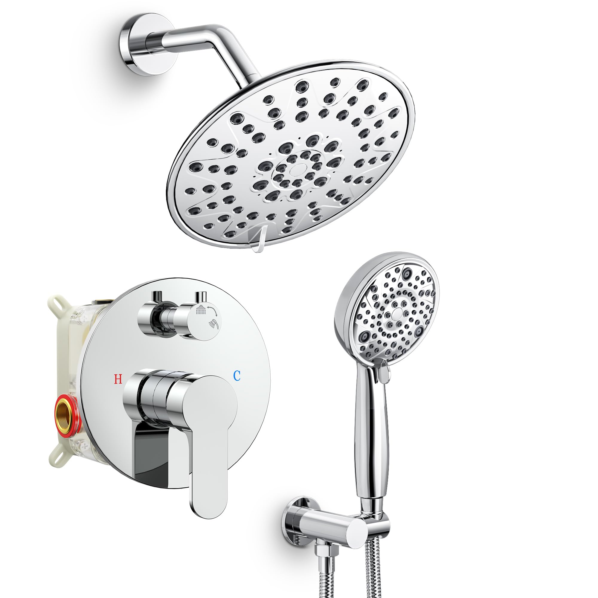 SR SUN RISE Shower Faucet - 8 Inch Multifunctional High Pressure Shower Head System with Handheld Shower Head Fixtures - Valve Included - Polished Chrome