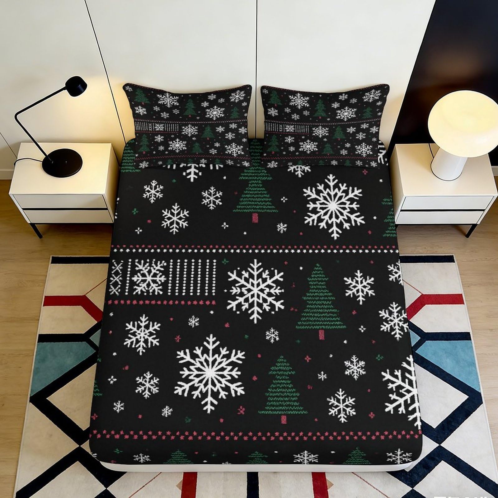 3D Printed Christmas Snowflake Fitted Sheet Soft Microfiber Deep Pocket Adult Bedding Set Xmas Tree Mattress Fitted Cover Washable, Non-Slip 180x200x25cm