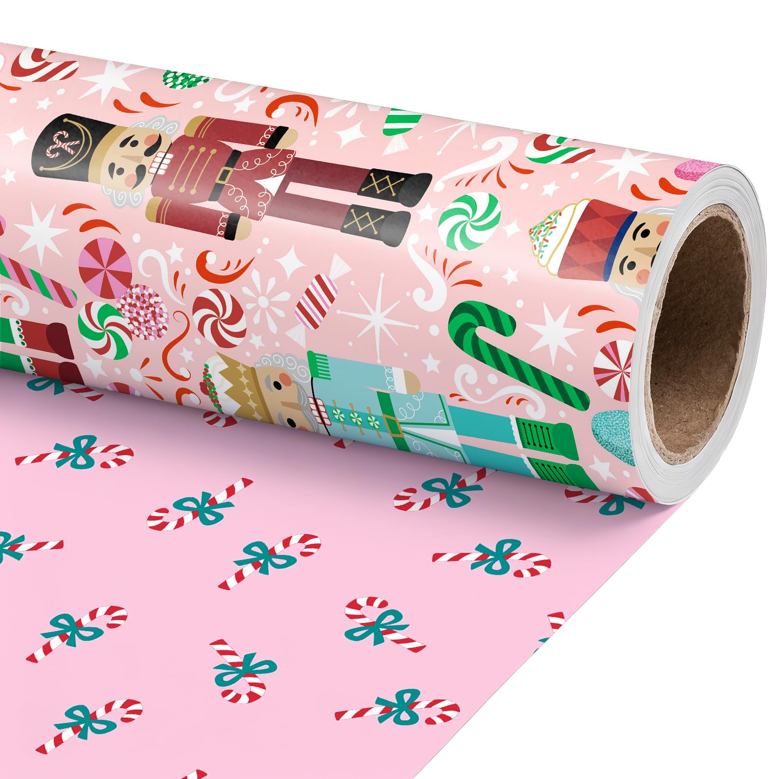 RUSPEPA Reversible Christmas Wrapping Paper Mini Roll, Pink Candy Cane & Nutcracker Design, Double-Sided Xmas Gift Wrap for Children & Xmas Gifting, 43.2cm x 5m