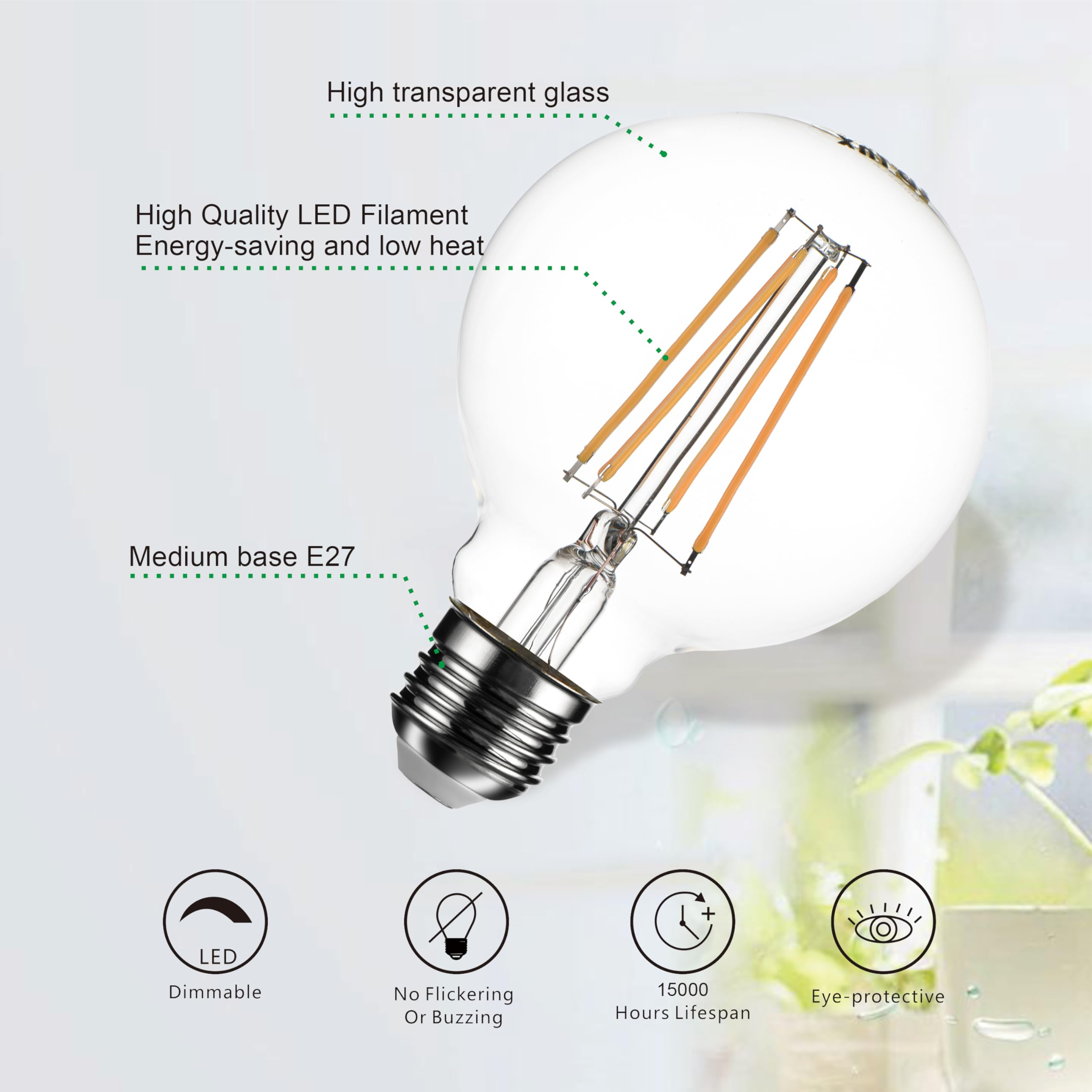 SD LUX G80 E27 Vintage Globe Decorative Edison LED Bulbs(Non-dimmable) 8W 1000lm (Equi. 100W), CRI>90, 2700K Warm White (Clear, 6PC) - Image 3