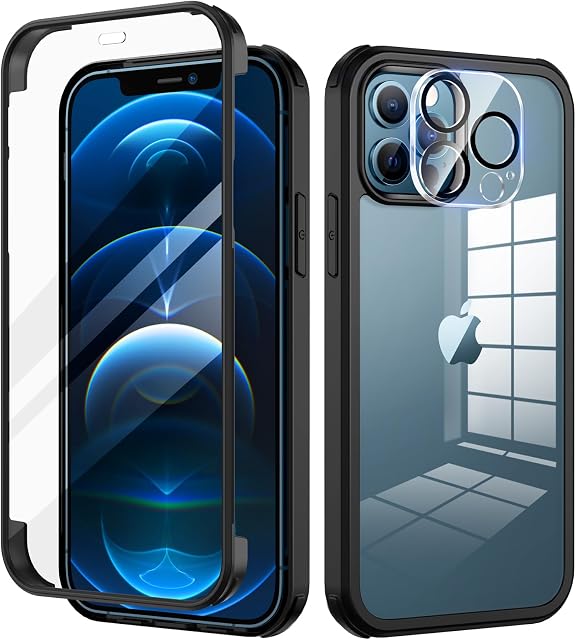 seacosmo iPhone 12 Pro Max Case 6.7 Inch, Full-Body Shockproof Case with Built-in Glass Screen Protector and Camera Lens Protector Rubber Bumper Case Cover for iPhone 12 Pro Max- Black/Clear