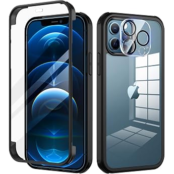 seacosmo Compatible with iPhone 12 Pro Max Case with Built-in Tempered Glass Screen Protector and Camera Screen Protector [9H HD] 360 Degree Case Full Body Shockproof Mobile Phone Case iPhone 12 Pro Max - Black