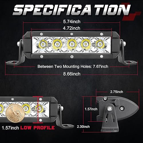 Miniatura 2 de OFFROADTOWN Barra de luz LED de 6 pulgadas, de una sola fila, vainas LED delgadas para conducción en todo terreno, luces antiniebla, luces de