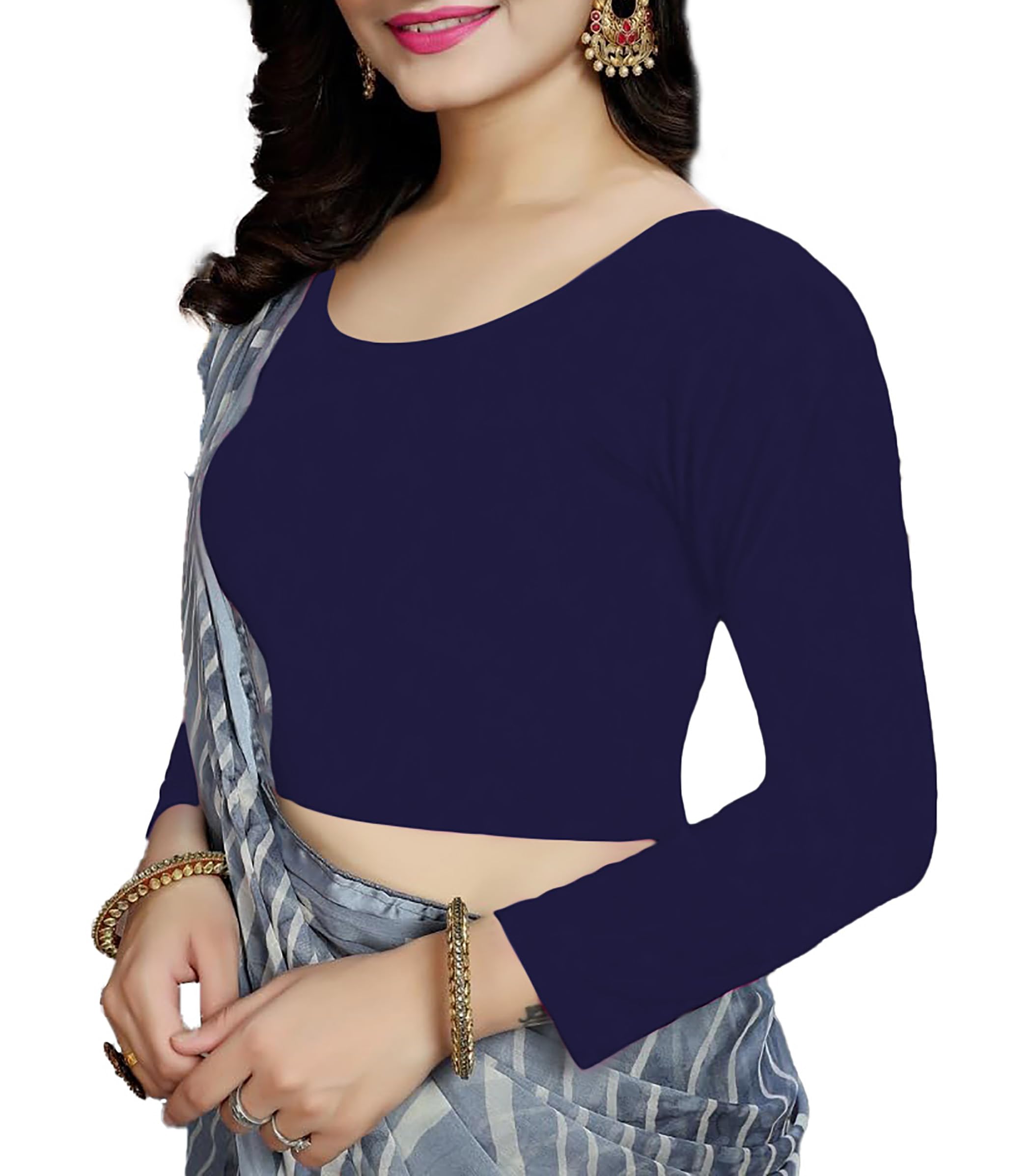 Women's Cotton Comfy Stretchable Scoop Neck Full | Long Sleeve Readymade Saree Choli Black Blouses for Women L684 1059-picture-28