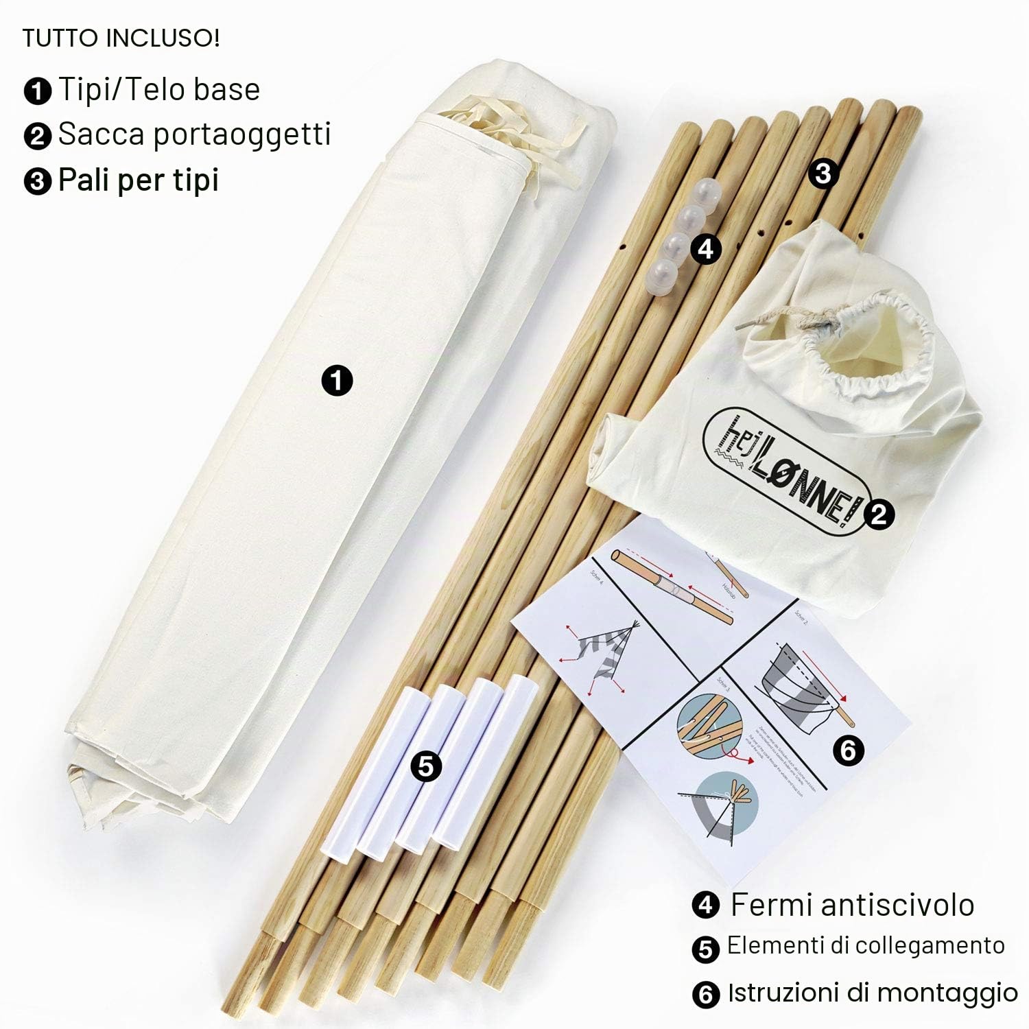 HEJ LØNNE Tenda Tipi Indiana Bambini Beige Naturale con Tappetino Finestra 120x120x150cm Cotone Legno Pino per Cameretta Giardino Interno Esterno con Borsa