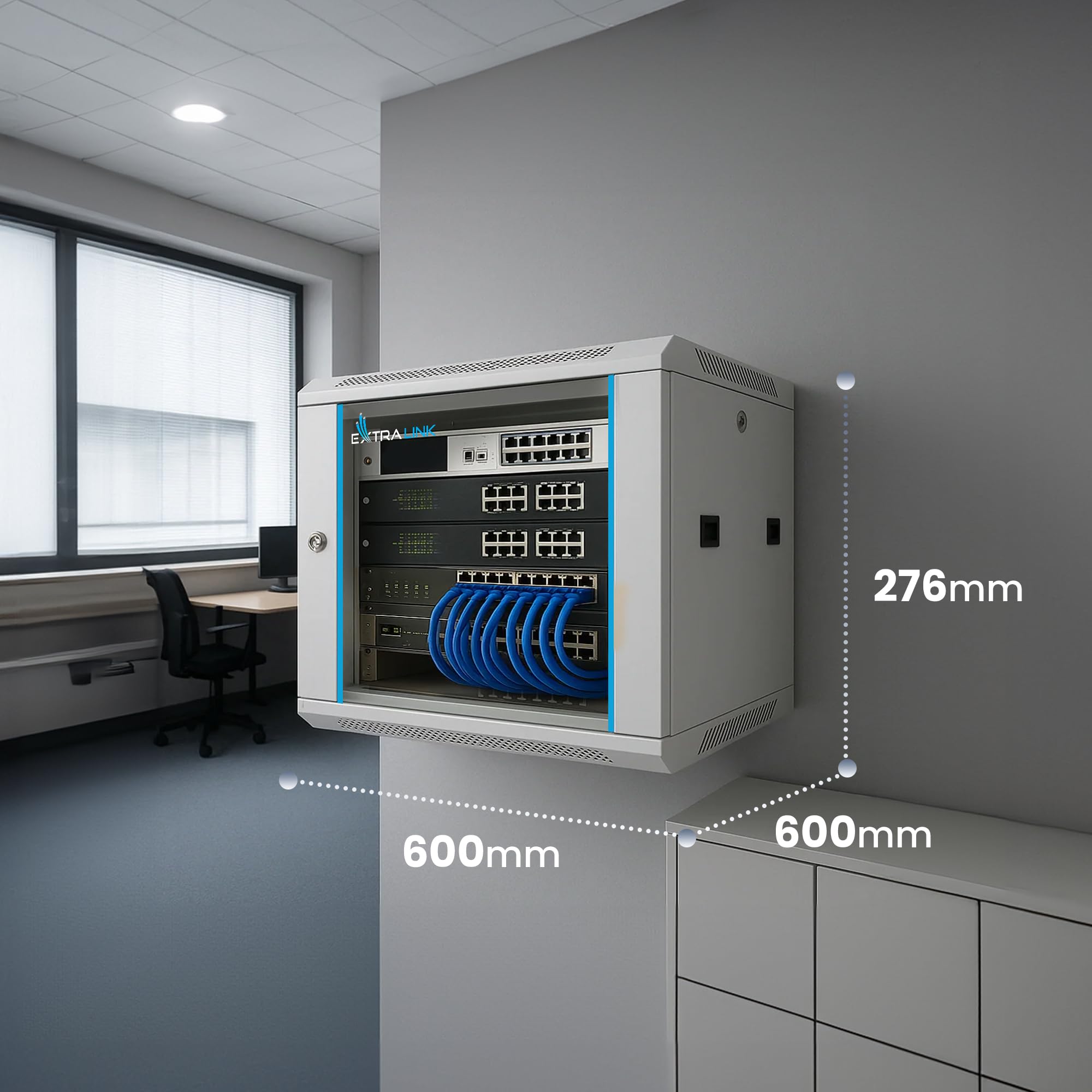 Extralink Armario Rack de 19" 4U - Armario de Red de 600mm, para Montaje en Pared o Suelo, hasta 60 kg, Puerta de Cristal Templado, Apertura de 180° Gris - para Red doméstica y Equipos informáticos