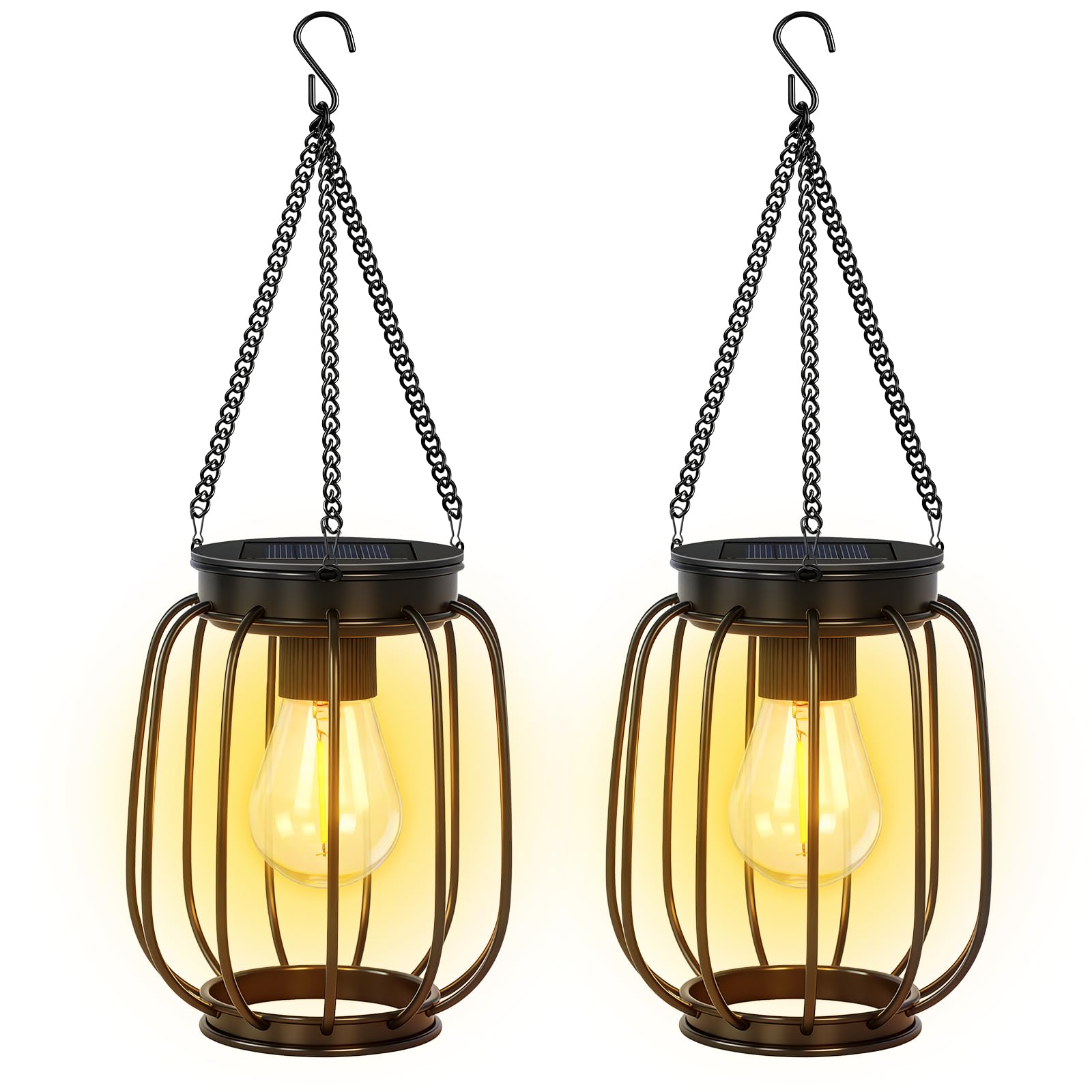 Lanterna Solare da Esterno, Metallo Impermeabile, LED Bianco Caldo, Accensione/Spengimento Automatico, Lanterna Decorativa Luminosa per Giardino, Patio, Cortile, Veranda, 2 Pezzi