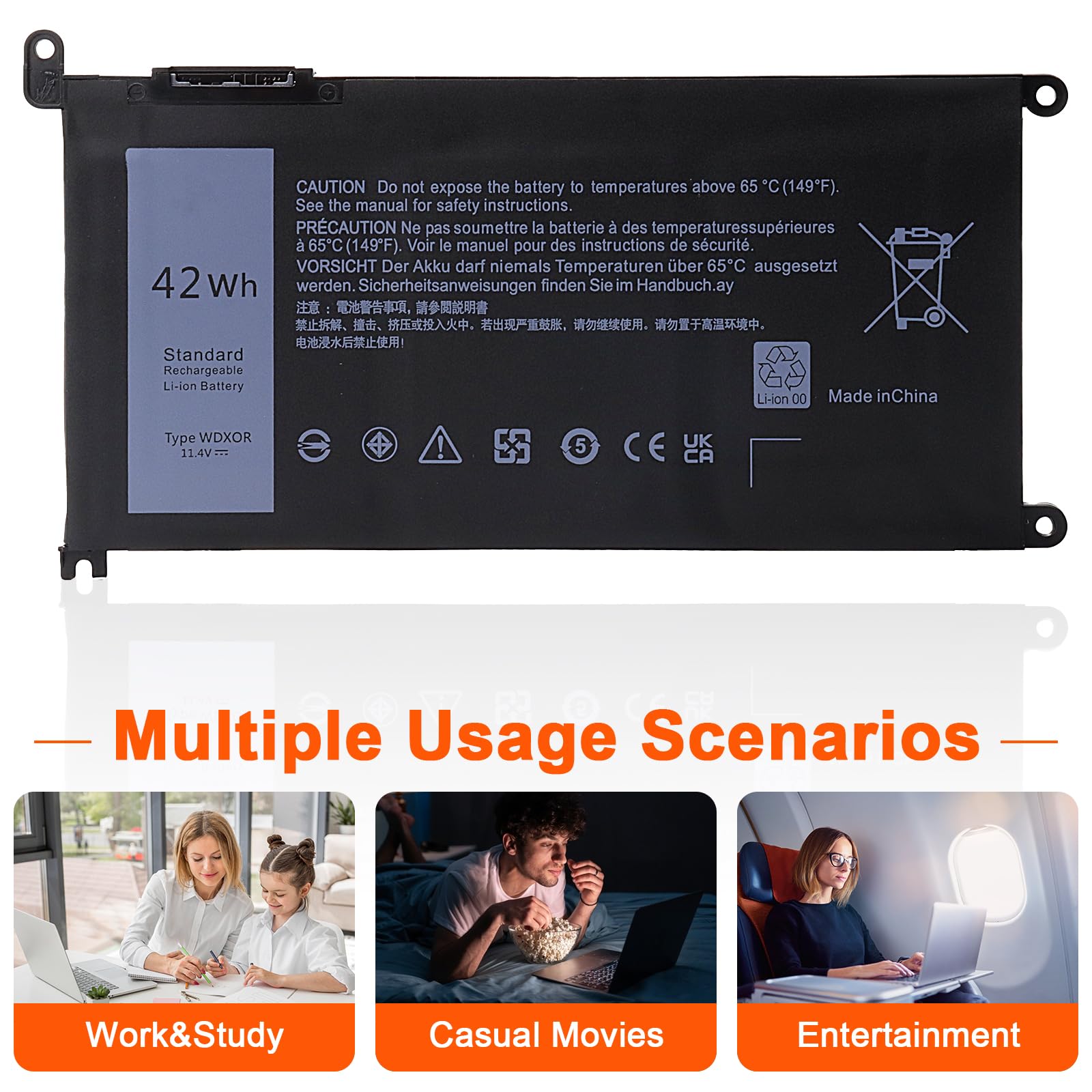 JIMACRO WDX0R Bateria kompatybilna z Dell Inspiron 13, 15, 5000, 7000, Series 5570, 7579, 7570, 7378, 5567, 7573, 5565, 5379, 5378, Latitude 3490, 3590, 3340, 3400, 333400, 333400, 33378, 78 39 0 390