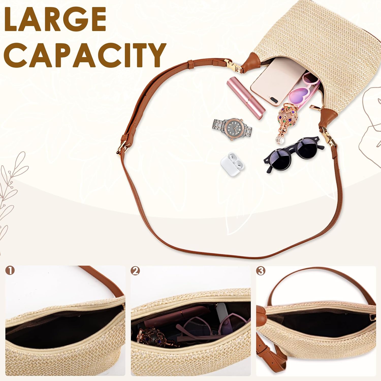 Raffia Straw Bag for Women - Woven Crossbody Bucket Purse with Adjustable Strap, Top Handle Summer Beach Bags for Vacation image 5