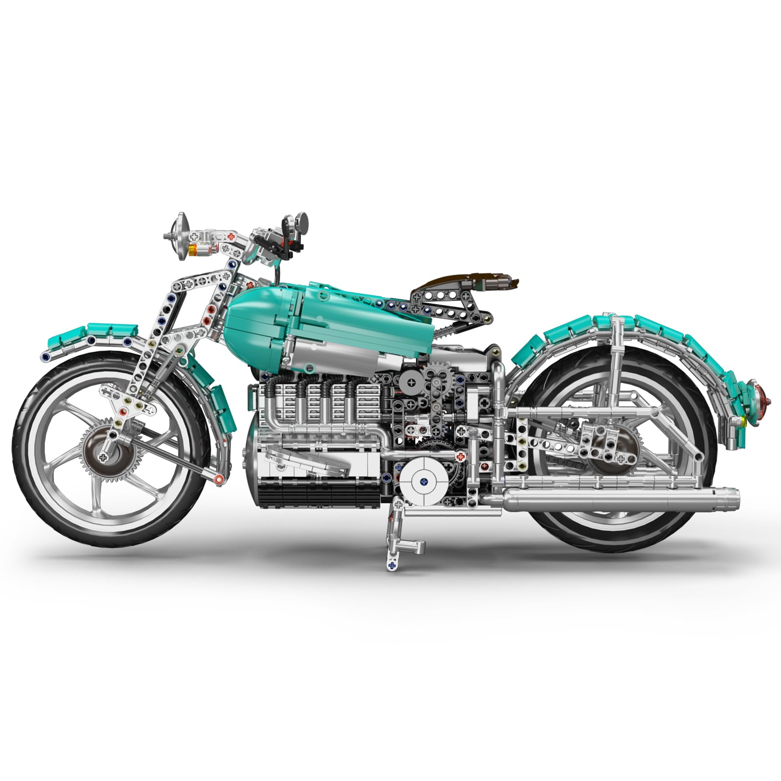Mould King 23004 Technik Amerikanisches Cruiser-Motorrad-Modell,Amerikanisches Retro-Motorrad bewegliche mechanische Details,Erwachsenen-Bastel-Hochpräzisionsmodell Klemmbausteine Bausatz（1971+ Teile）