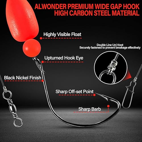 Miniatura 4 de Alwonder Paquete de 5 aparejos de pesca Pompano con flotadores Snell, aparejo giratorio de cebo vivo de agua salada, broches de presión de doble