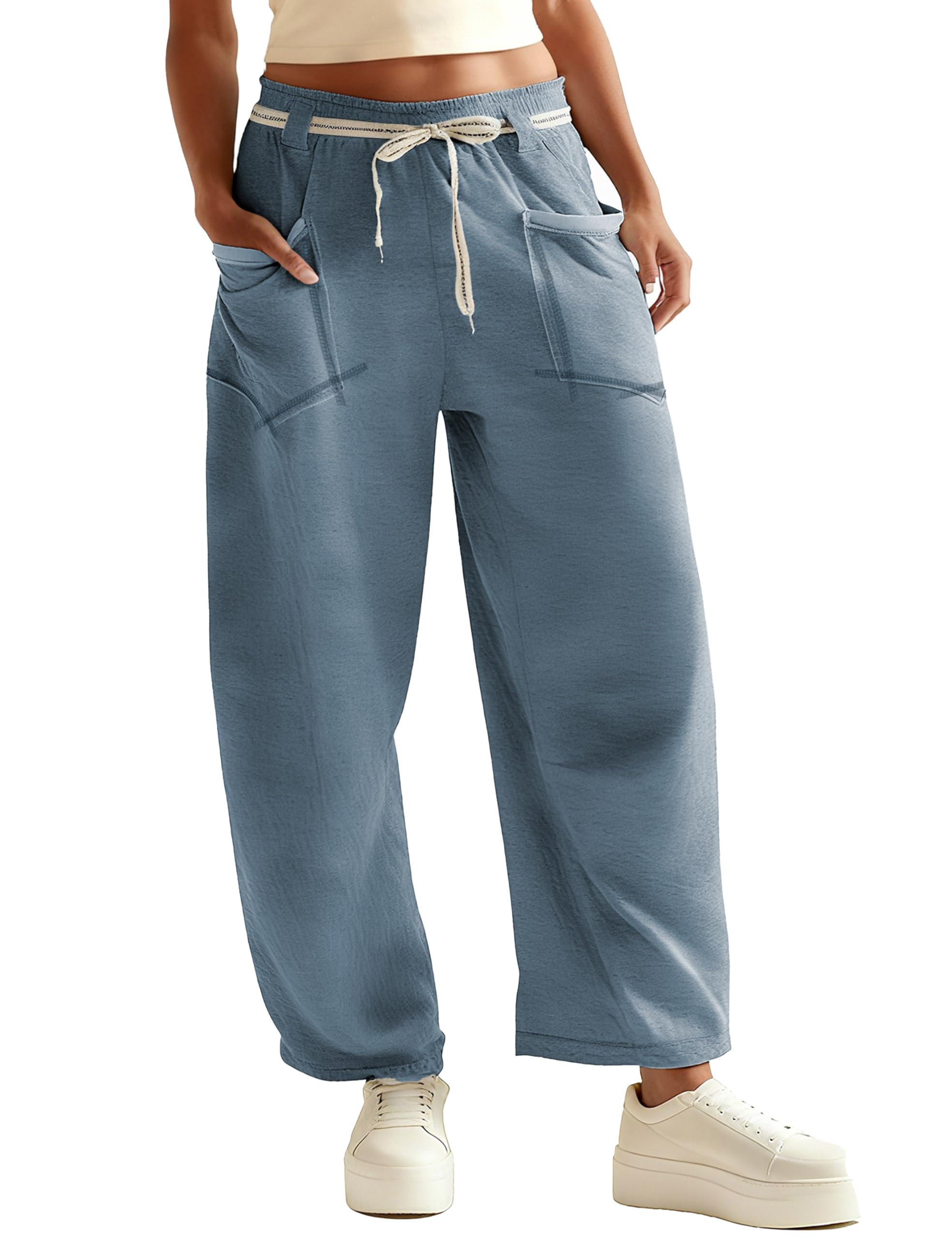 Womens Barrel Pants Drawstring Wide Leg Lounge Sweatpant Casual Baggy Palazzo Pants Bluegrey-XL