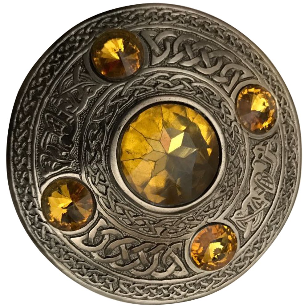 Men's Celtic Kilt Fly Plaid Brooch with 5 Stones 4"/ Scottish/Highland Kilt Brooches (Yellow)