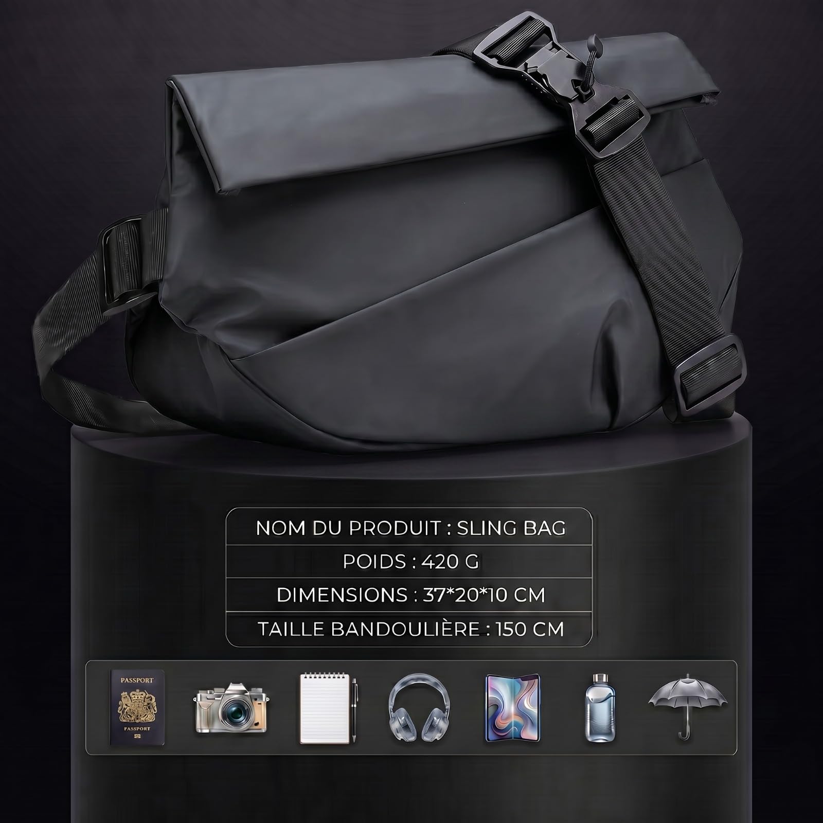 Sac Banane Femme & Homme, Sling Bag Urbain, Sac De Poitrine Bandoulière Réglable, Sacoche Banane Ville pour Voyage, Travail, Sport, Quotidien, Running et Cyclisme, Noir