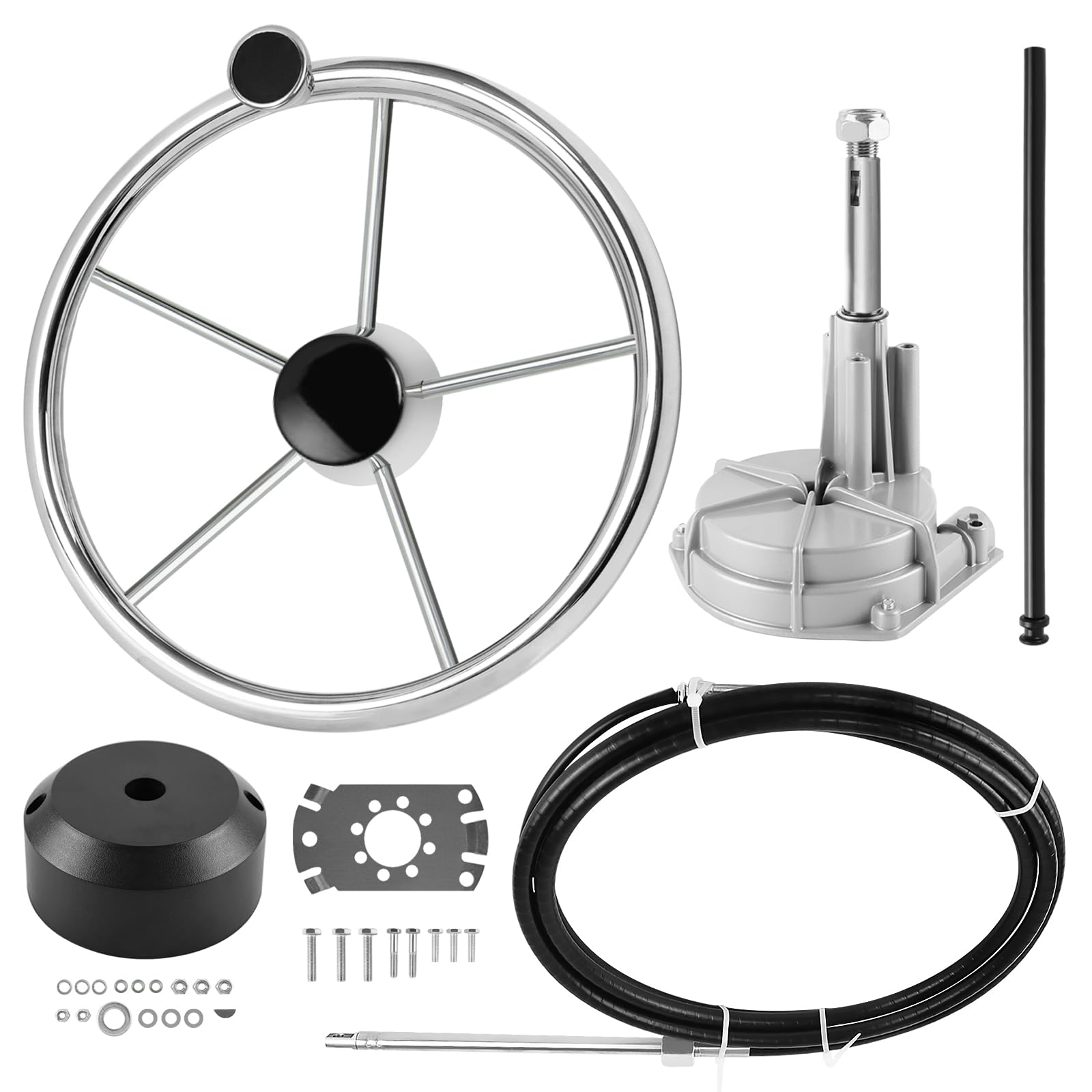 Acclcors Boats Steering System, Outboard Mechanical Rotary Steering Kit, with Steering Wheel and 10 FT, or 12 to 16 FT Marine Steering Cable, for fishing boats, yachts and other watercraft (15 FT)