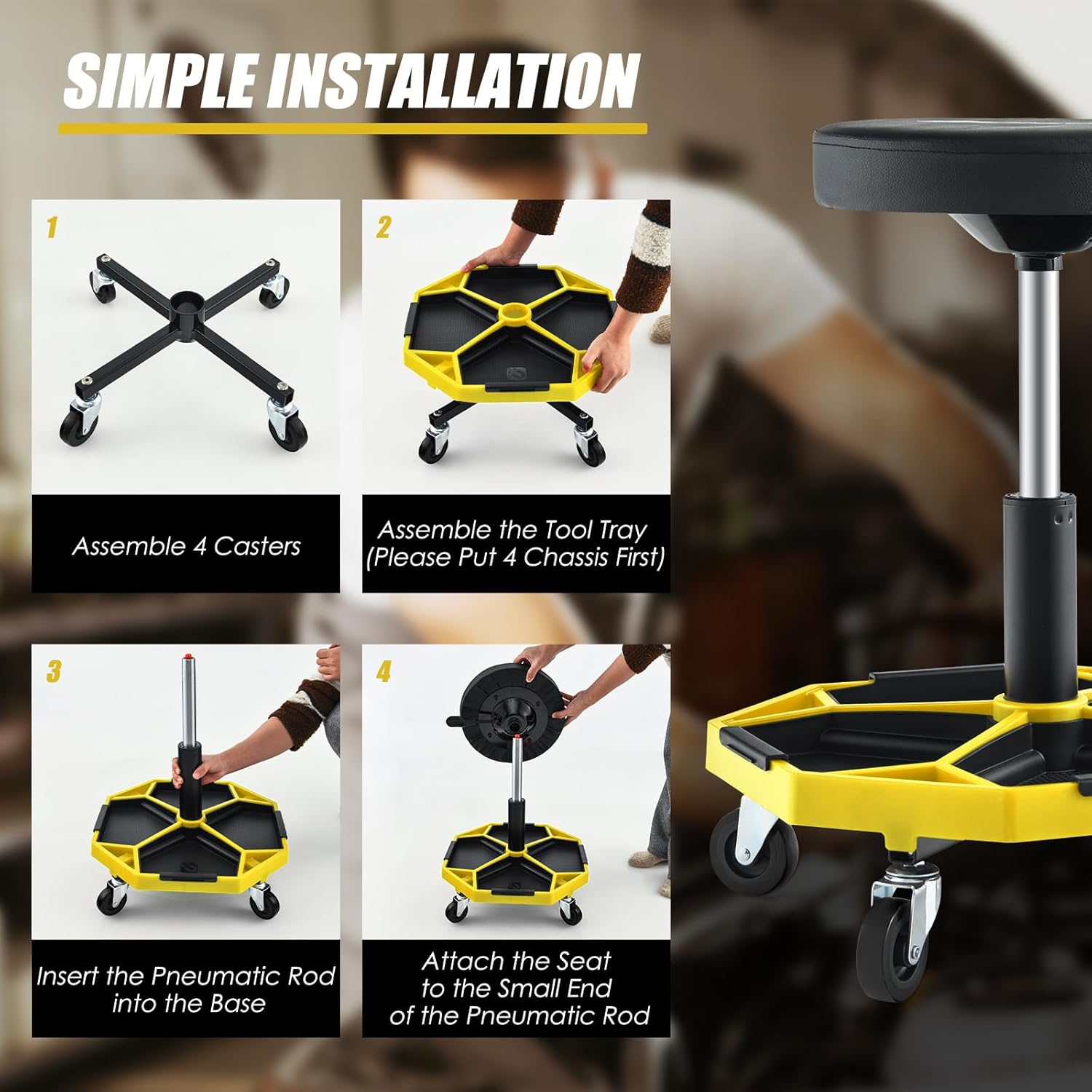 Goplus Mechanic Stool, Rolling Garage Chair with 16”-22” Adjustable Height, Removable Magnetic Tool Tray, 2” Thick Padded Cushion, Universal Wheels, 330LBS, Roller Creeper Seat (Yellow & Black)