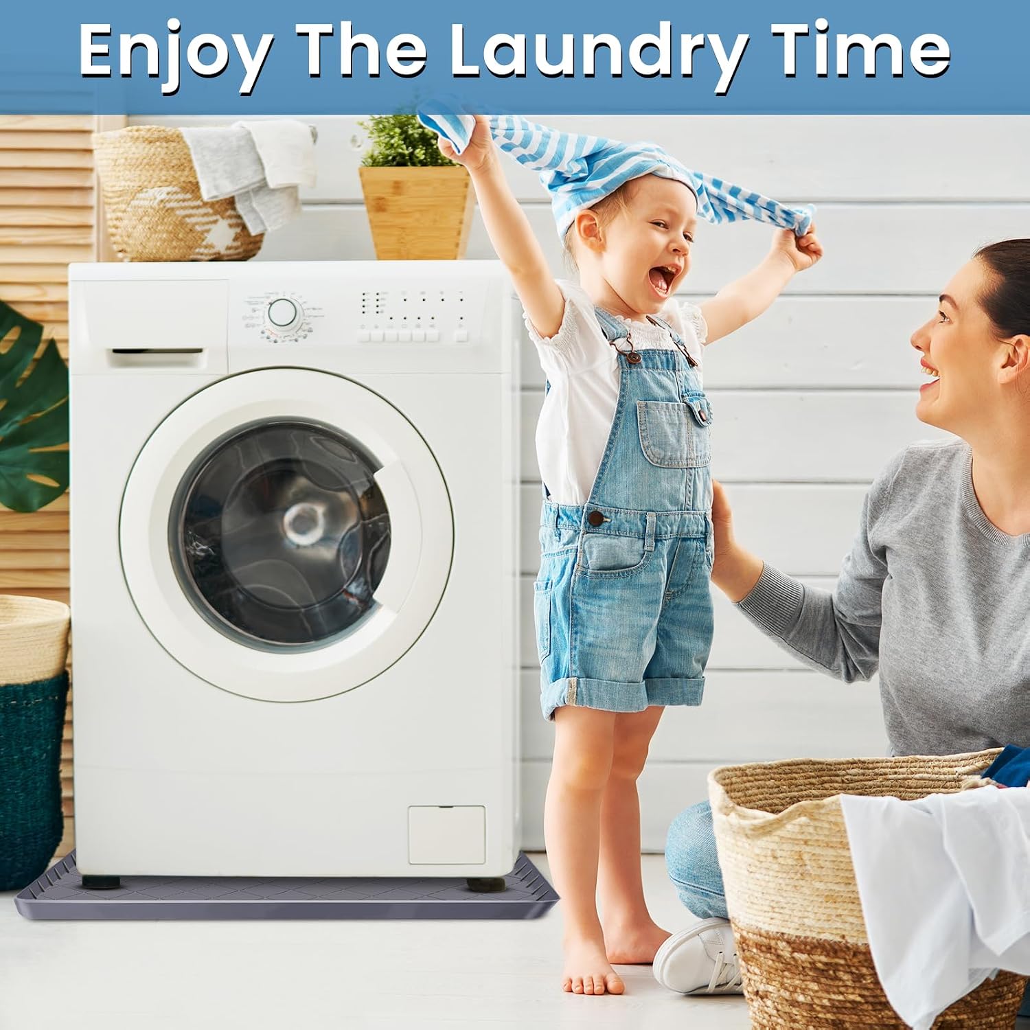 Large Thickened Washing Machine Mat 32" x 30" Silicone Under Washer and Dryer Drain Pan Drip Tray Floor Protector Non-Slip Flexible Soft Mat Waterproof Raised Edge 0.98'' Dark Gray
