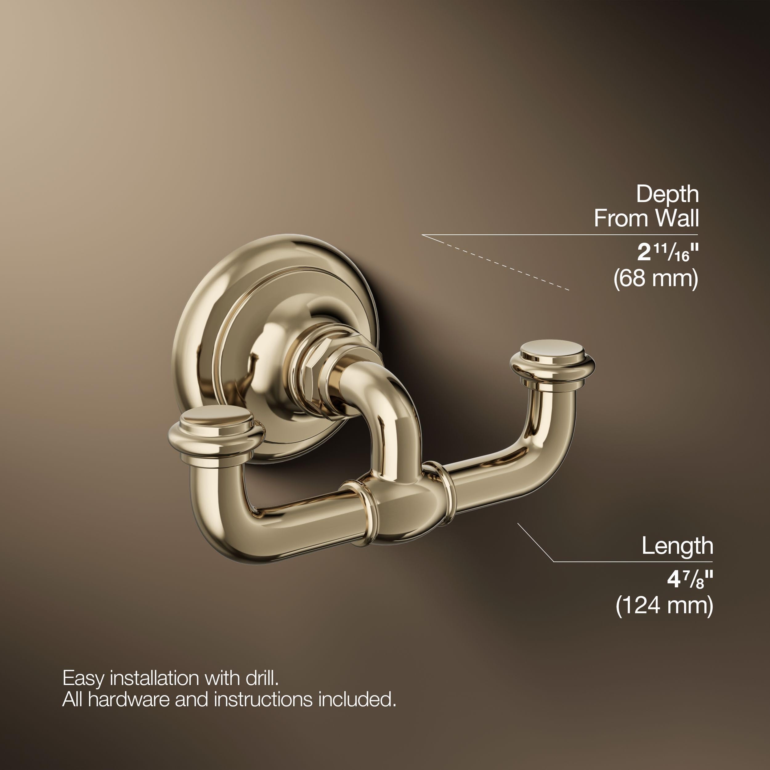 Kohler 72572-AF Artifacts® Double Robe Hook, Vibrant French Gold