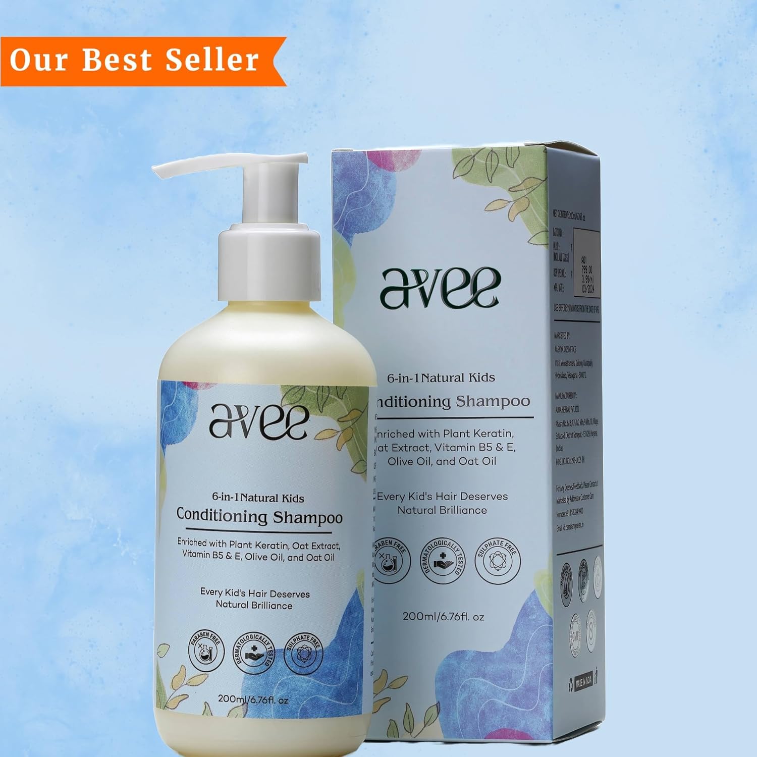 Avee Kids Shampoo for 5 to 12 Years - Conditioning Shampoo for Kids, Silky & Shiny Hair, Easy Detangling, Reduces Itchy Scalp & Hair Fall, Oat Extract, Paraben & Sulfate-Free (Pack of 1)