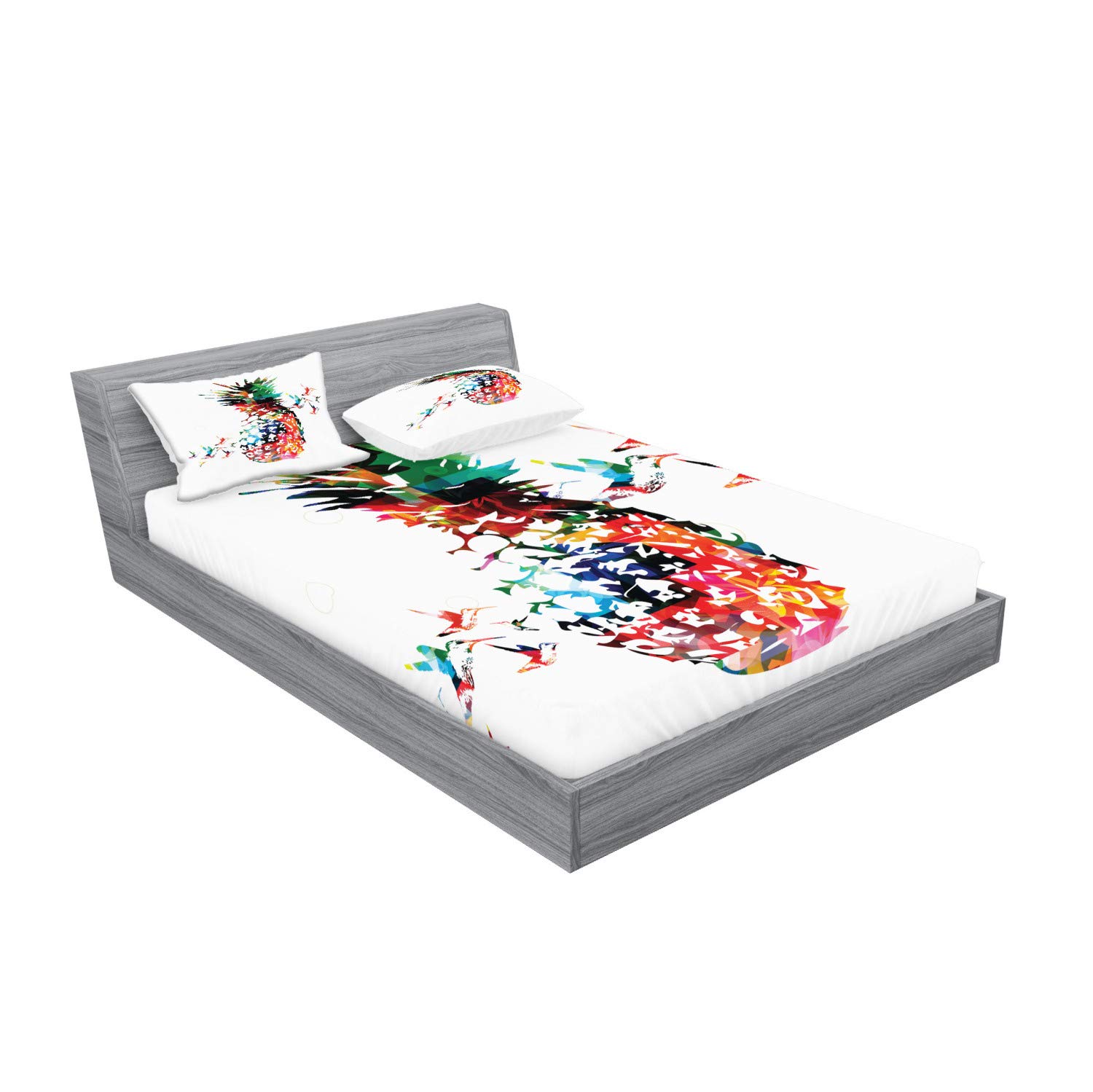 Ambesonne Pineapple Fitted Sheet & Pillow Sham Set, Geometric Pineapple Bursting into Scattering Birds Flight Modern Abstract Print, Decorative Printed 3 Piece Bedding Decor Set, King, Teal Red