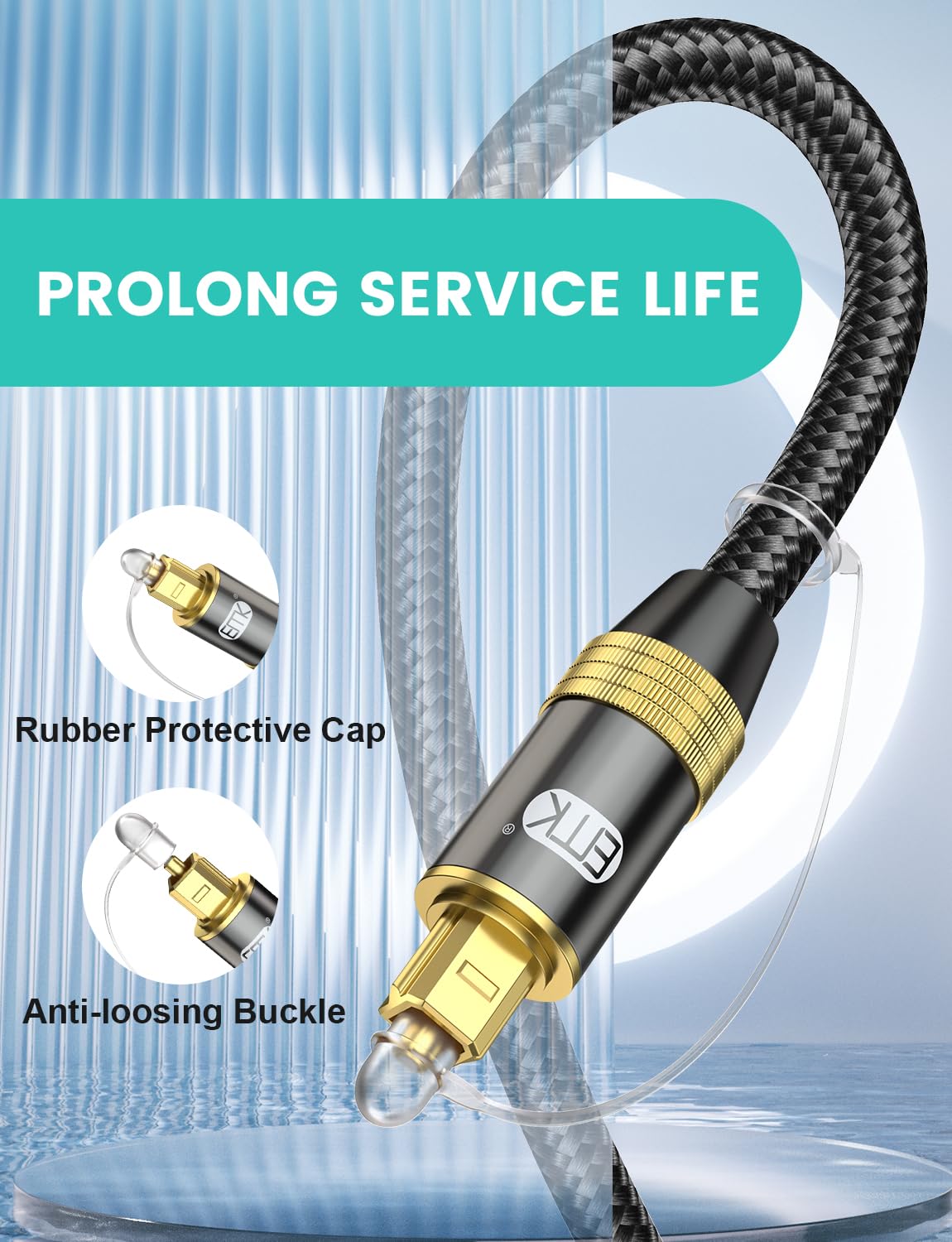 EMK Câble audio optique numérique, cordon en fibre optique tressé en nylon, Toslink vers Toslink (S/PDIF), plaqué or 24 carats, mâle vers mâle, prend en charge Home Cinéma, barre de son, TV, PS4, Xbox