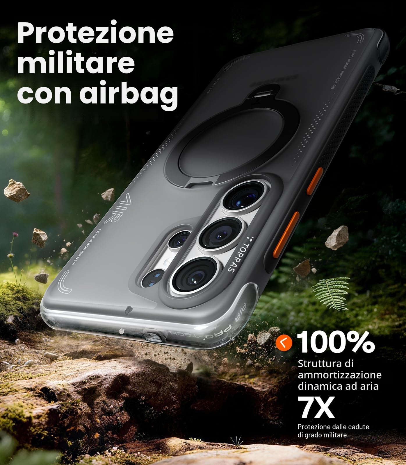 TORRAS Ostand Q3 Air Cover per Samsung S26 Ultra con vero airbags Doppia protezione [Supporto magnetico 360° robusto] Custodia S26 Ultra Cover con pulsante di controllo della fotocamera, Nero