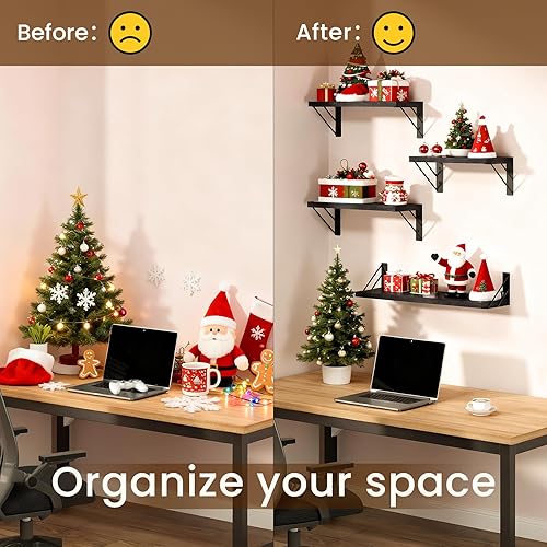 Miniatura 13 de BAYKA Estantes de pared para decoración de dormitorio, estantes flotantes para sala de estar, cocina, estantes flotantes montados de madera rústica