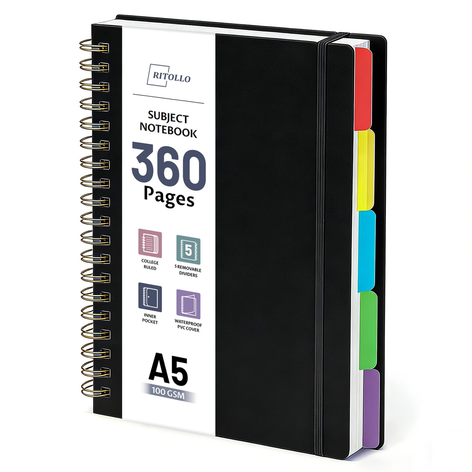 RITOLLO 360 Pages A5 Spiral Notebook, 5 Subject College Ruled Notepad, 100 GSM Thick Paper, Lined Notebook with Removable Dividers, PVC Black Cover, for School, University, Office & Daily Writing