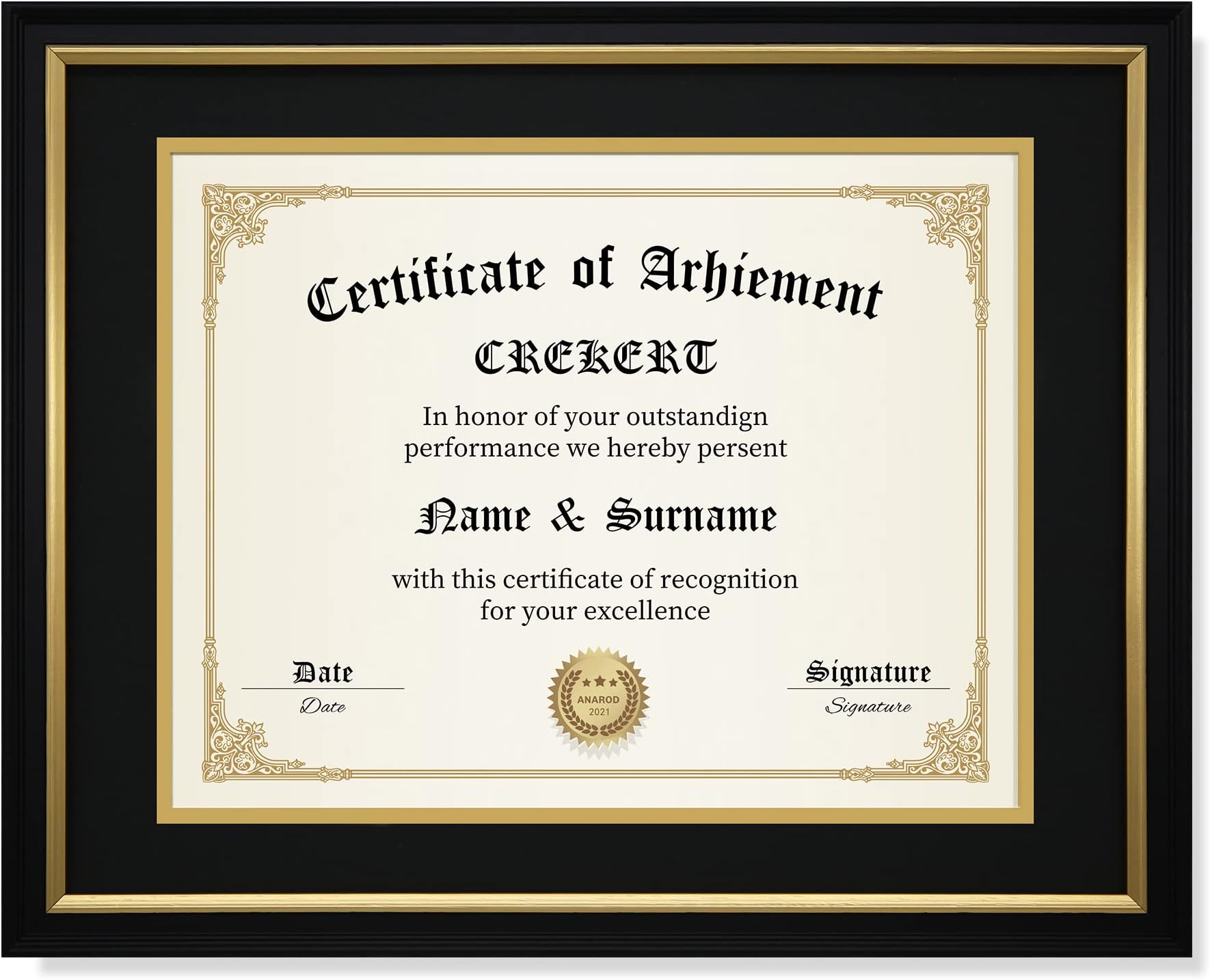 CREKERT Diploma Frame 11x14 Degree Frame Solid Wood Shatter-Resistant Glass for Documents Certificate Blackgold Frame 8.5x11 with Mat (Black Mat, 1 Pack)