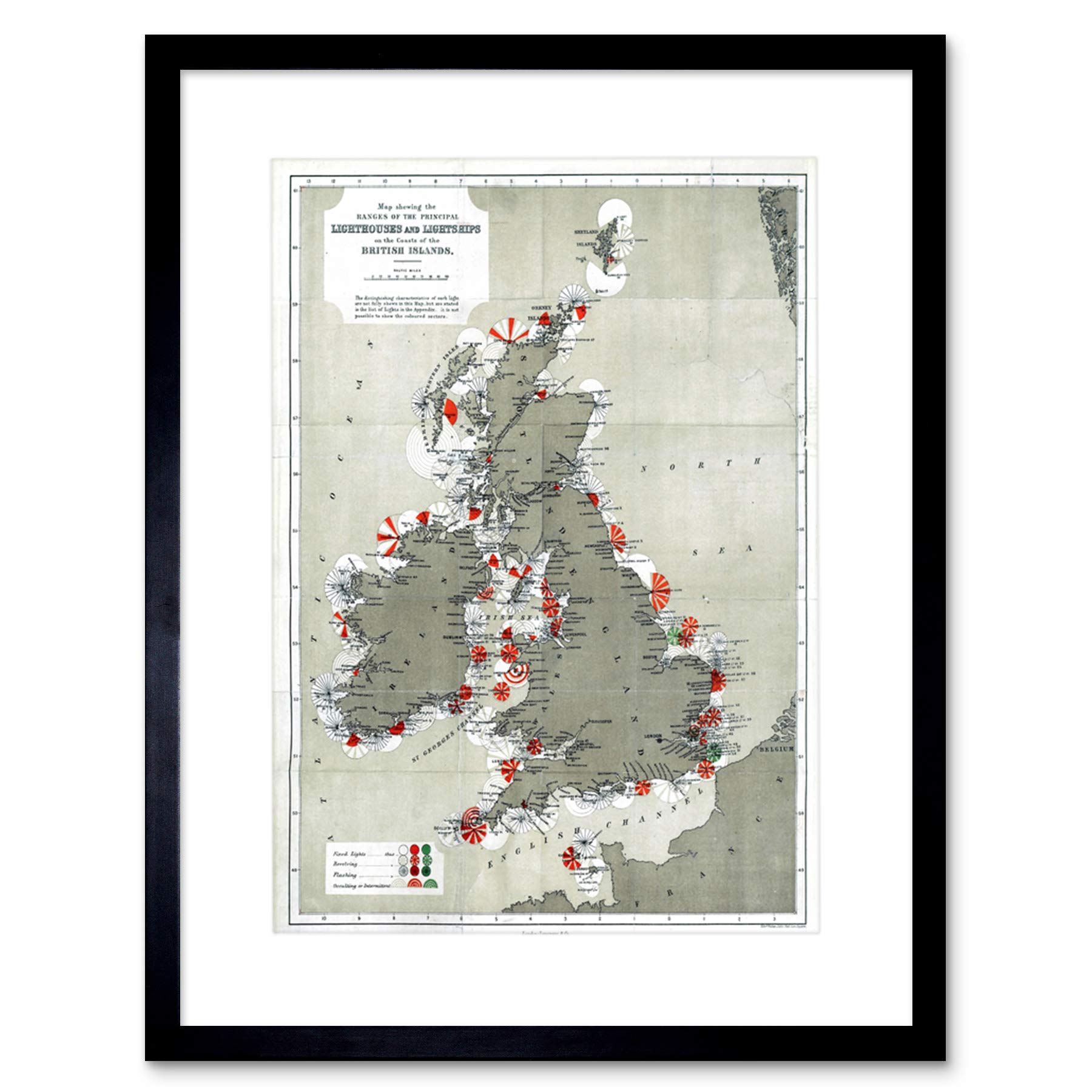 Wee Blue Coo Map Antique 1884 Price Lighthouses Lightships British Isle Framed Wall Art Print