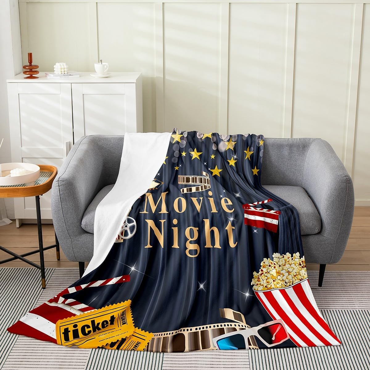 jejeloiu Movie Night Flannel Fleece Blanket Movie Theater Popcorn Plush Throw Blanket, Cinema Poster Design All Season,Bed Blanket for Kids Microfiber Old Fashion Home Decor Room Decor Queen 90"x90"