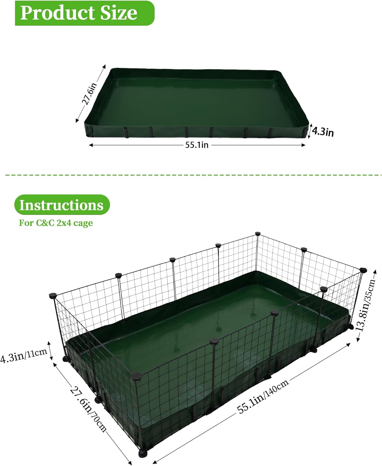 Guinea Pig Cage Liner, for 28"x56" Area Waterproof/Leakproof Base for Guinea Pig Cages. Reusable Bottom for Rabbits Hamsters Hedgehogs and Other Small Animals. Green