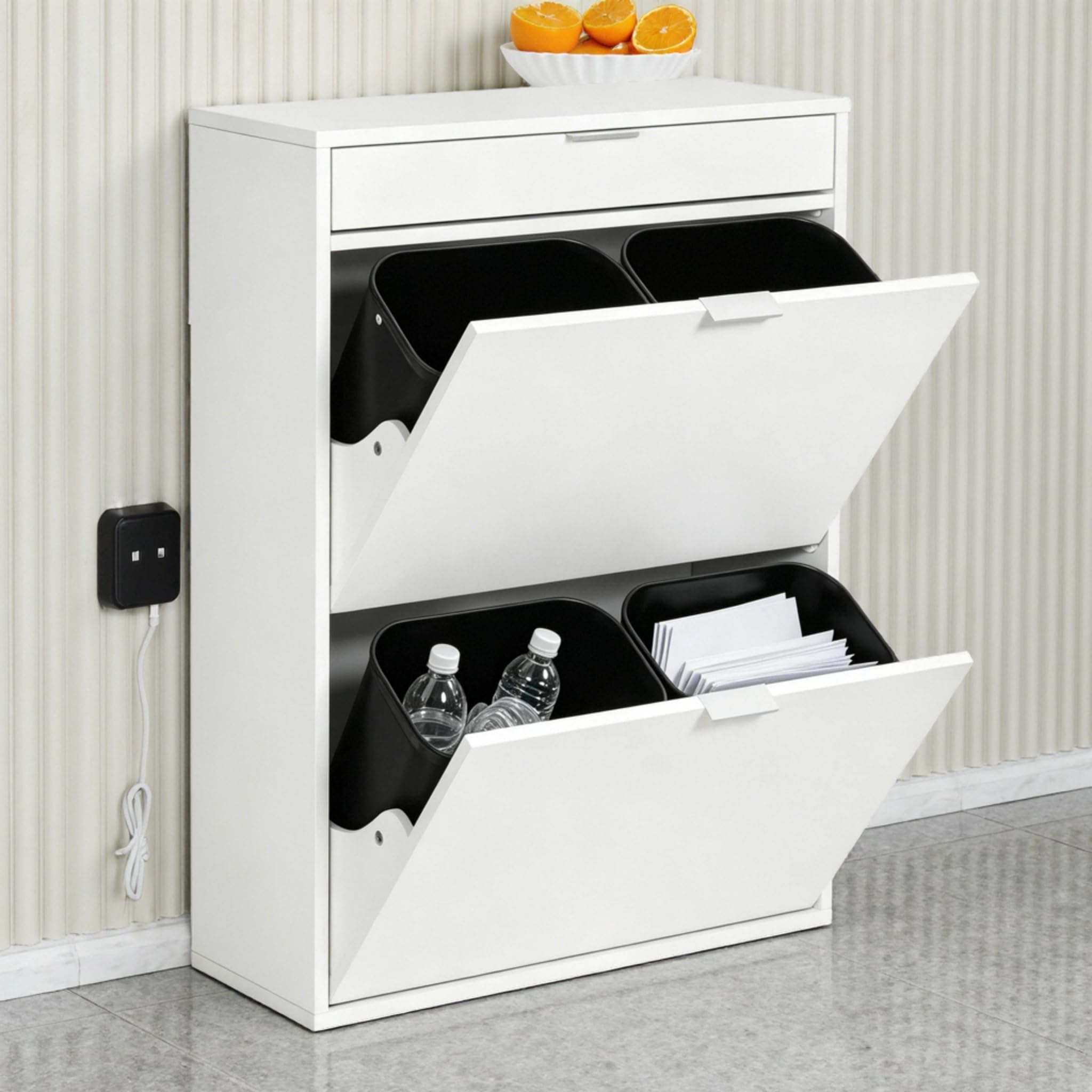 Mülleimerschrank Mülltrennsystem 4fach, Müllschrank Organizer für Küche, Abfalleimer Küche mit 4×10L, Mülleimer ausziehbar unter Spüle Alternative mit Schublade Weiß