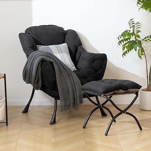 Miniatura 7 de HollyHOME Silla perezosa con otomana plegable, sillón cómodo y reposapiés plegable, sofá de ocio silla de lectura y reposapiés para sala de estar,