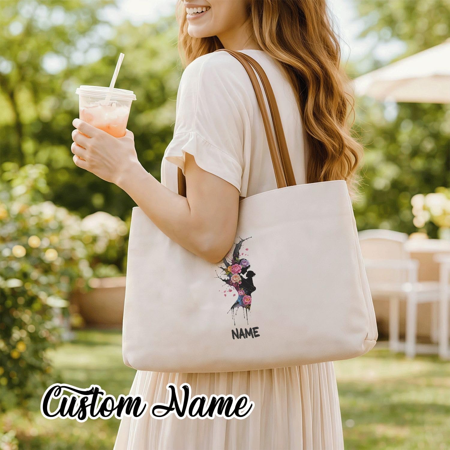 Personalized Canvas Tote Bag with Custom Name Candy Love Graphic Faux Leather Handles for Women Mothers Day