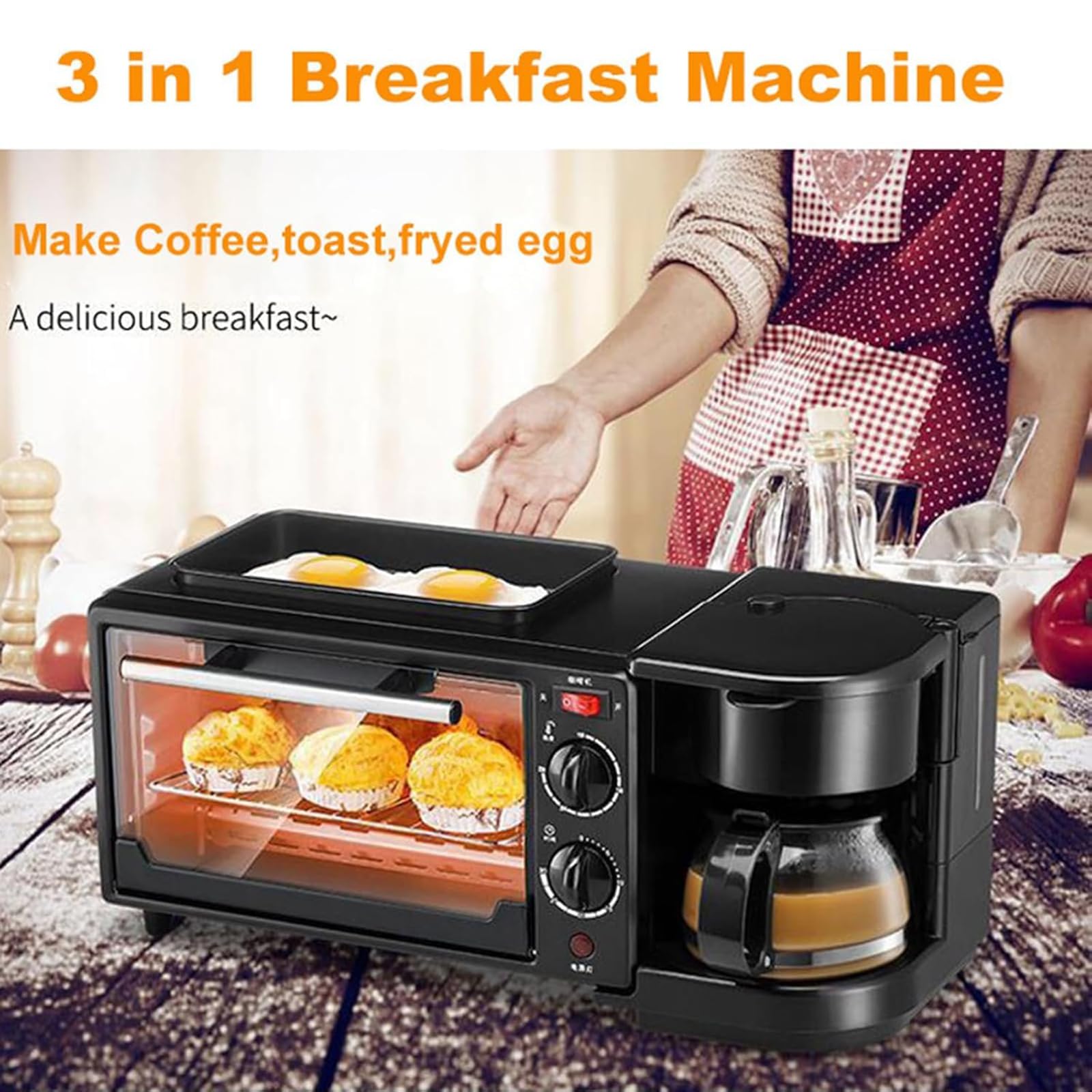 Estación de Desayuno 3 en 1 (9 L), tostadora con sartén, Temporizador de 30 min y Control de Temperatura, cafetera de 600 ml y Olla de 1,2 L, para Apartamentos y cocinas pequeñas, Color Negro