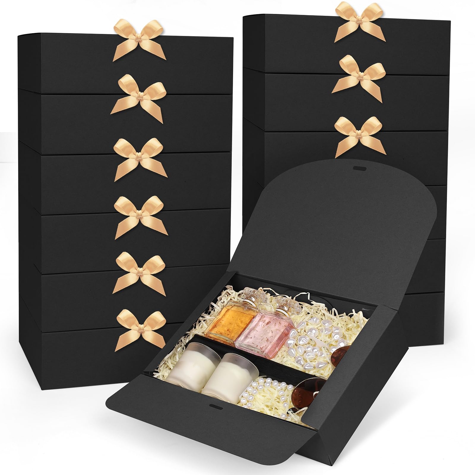 GXFCING 12 Cajas de Regalo Negra, 27 x 20 x 8 cm Plegable Cajas de Regalo Grande con Tapa, Caja Regalo Carton con Cinta de Satén Dorada para Bodas, Cumpleaños, Navidad y Fiestas