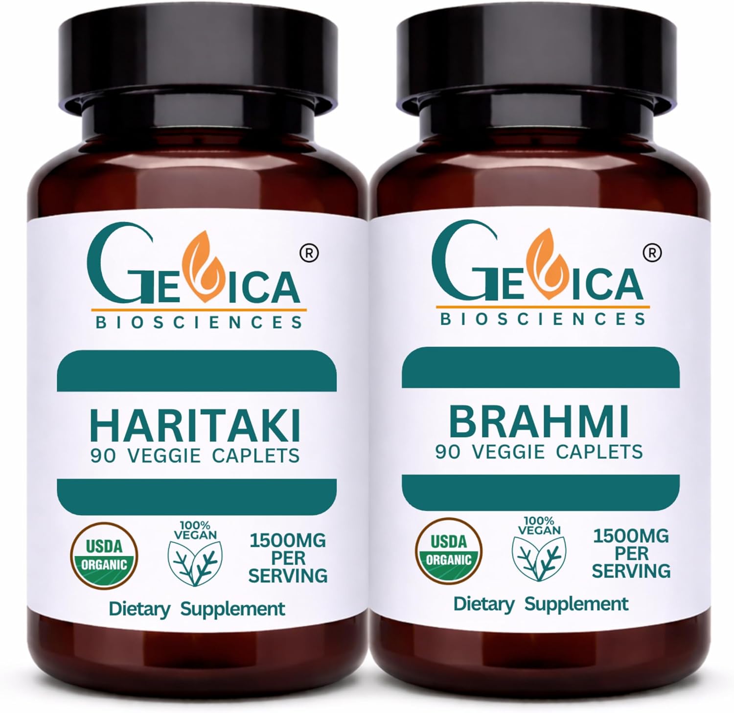 USDA Organic Haritaki (Terminalia chebula) + Brahmi (Bacopa monnieri) Bundle – 1500 mg per Serving Each, Whole Fruit & Whole Herb Powder, No Extracts, 90 Caplets Each