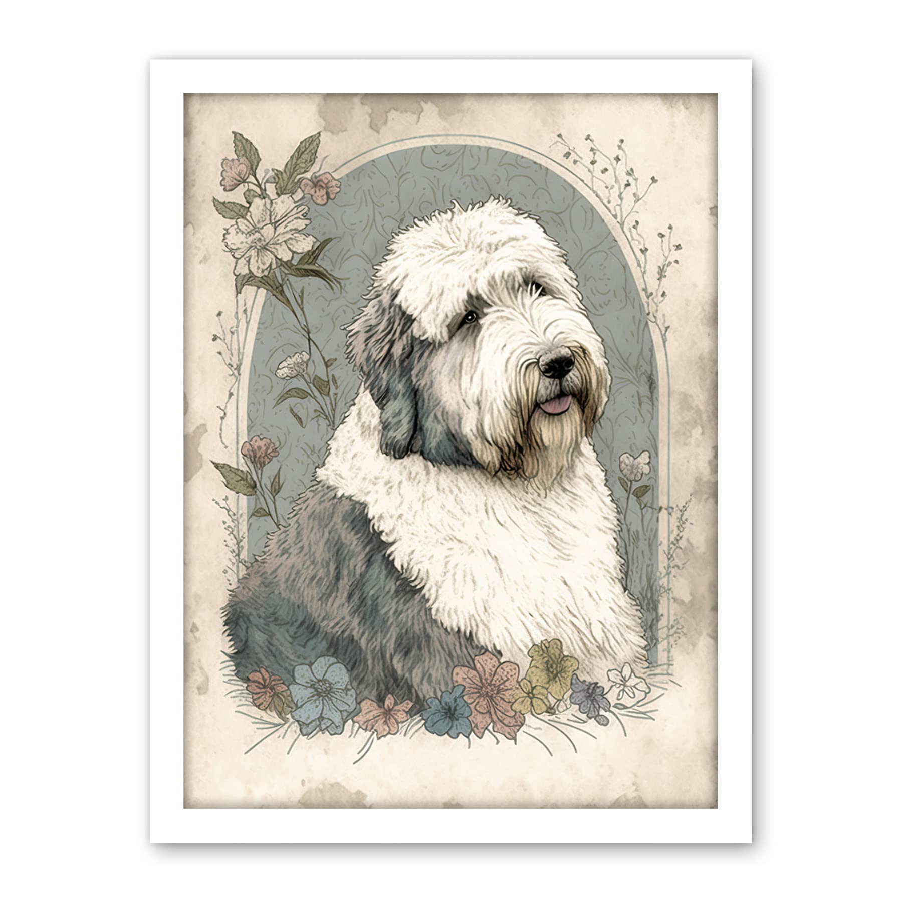 Artery8 English Sheepdog with Flower Blooms Boho Portrait Watercolour Illustration Artwork Framed Wall Art Print 18X24 Inch