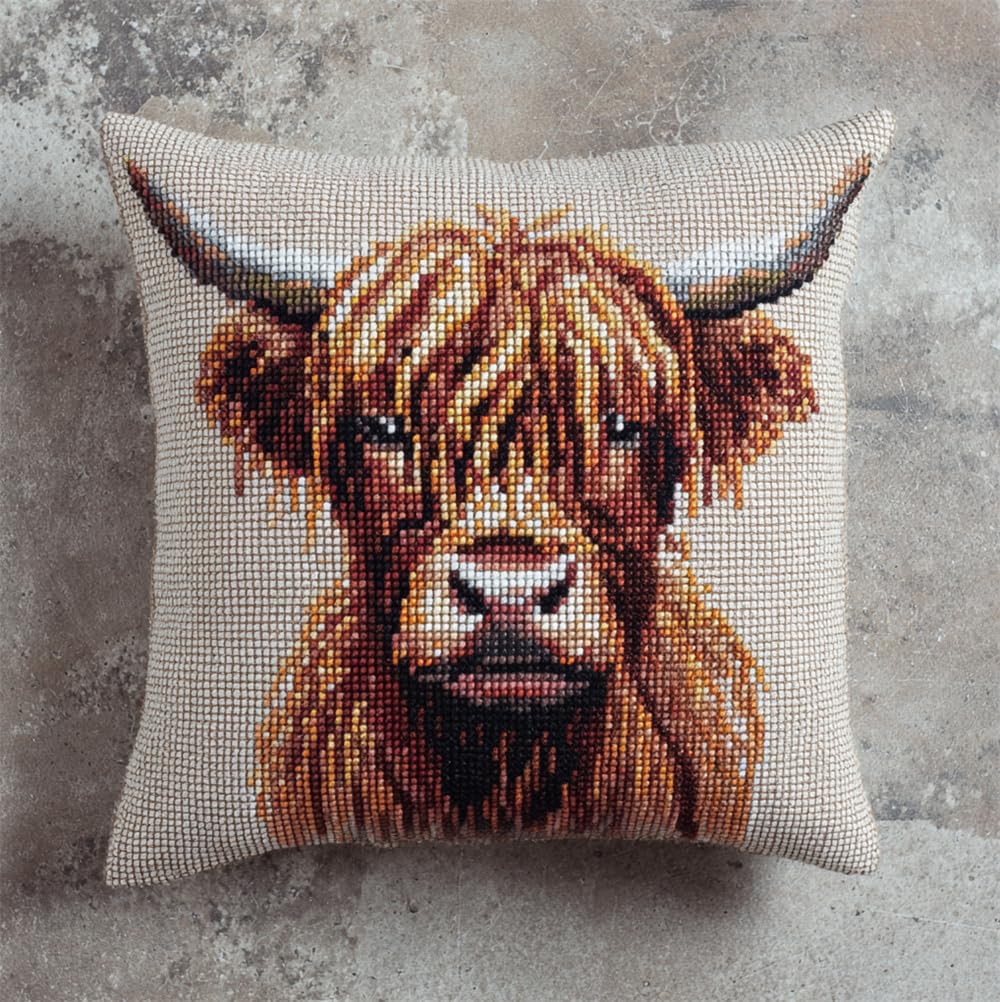 Cross Stitch Kit Cushion Complete Set Highland Cow 17.7X17.7In(45X45Cm) Decoration Manual Embroidery Kit Set Adult Art Creative Gift DIY Printed Cross Stitch Embroidery Pillowcase DIY Needl