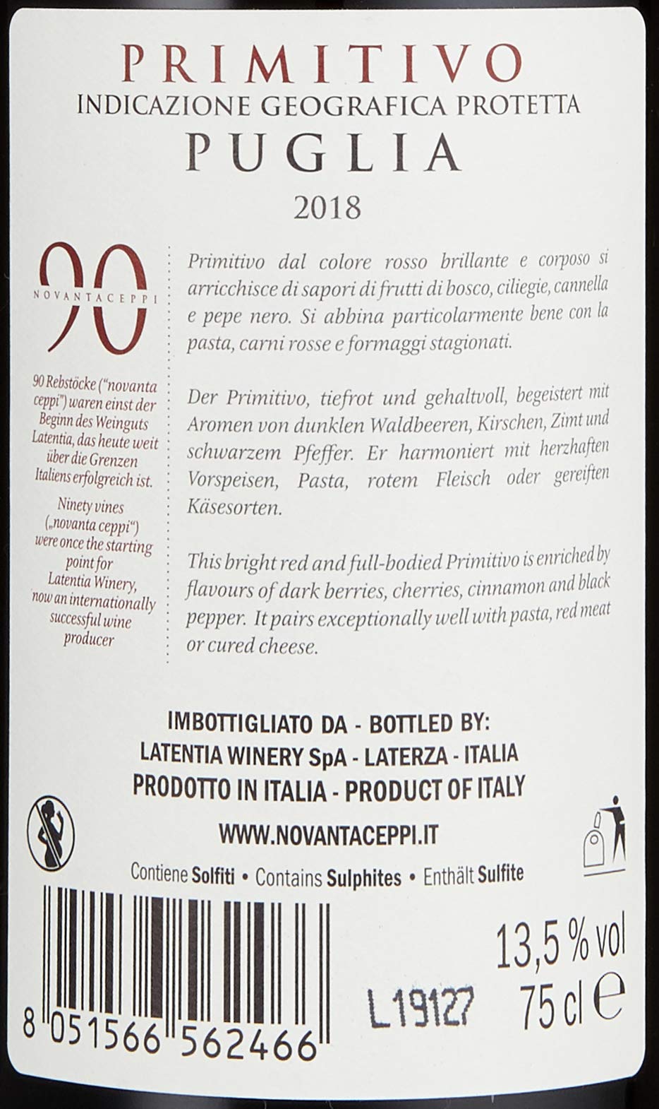 Novantaceppi Primitivo Puglia IGT Rotwein halbtrocken (6 x 0.75 l)